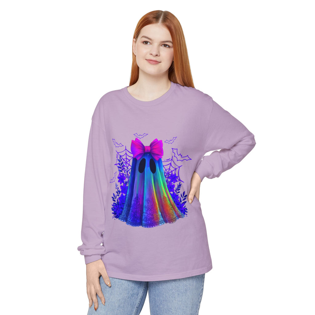 Halloween Ghost Long Sleeve Tee — Holographic Bow Ghost Graphic