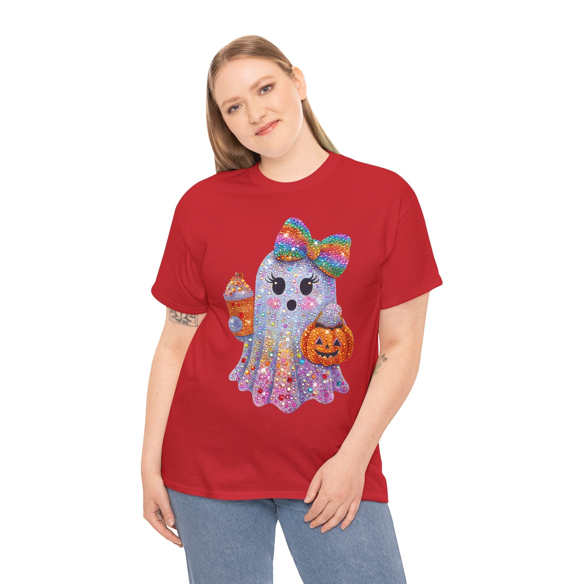 Cute Glitter Ghost T‑Shirt — Rainbow Bow Halloween Tee with Pumpkin & Candy