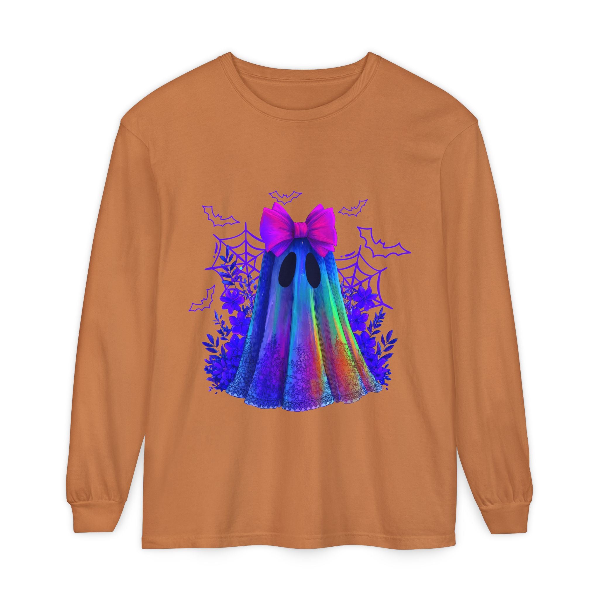 Halloween Ghost Long Sleeve Tee — Holographic Bow Ghost Graphic