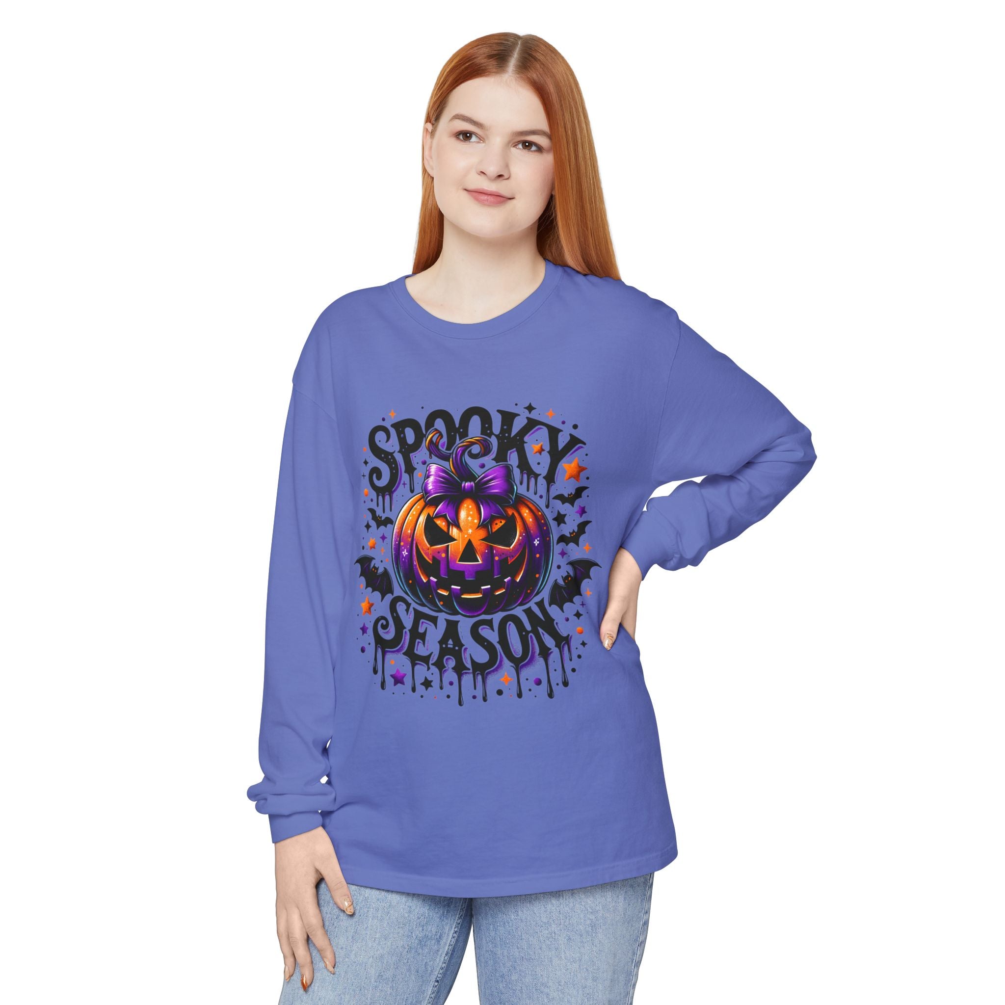Spooky Season Long Sleeve Tee — Purple Jack-O'-Lantern Halloween Shirt