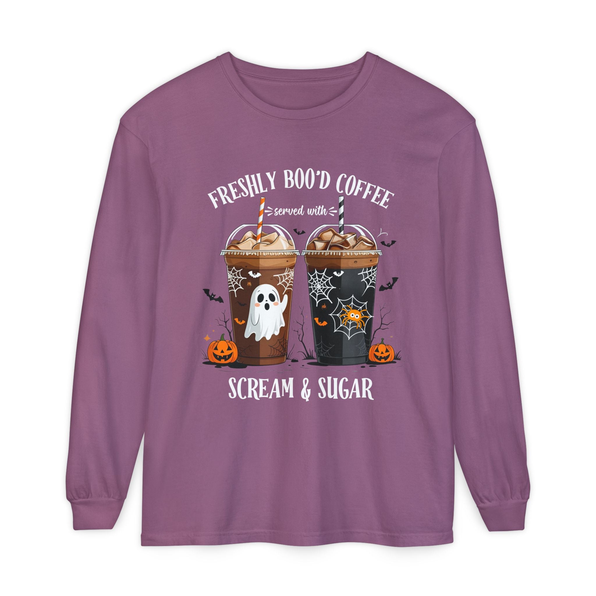 Halloween Coffee Long Sleeve Tee — "Freshly Boo'd Coffee, Scream & Sugar"