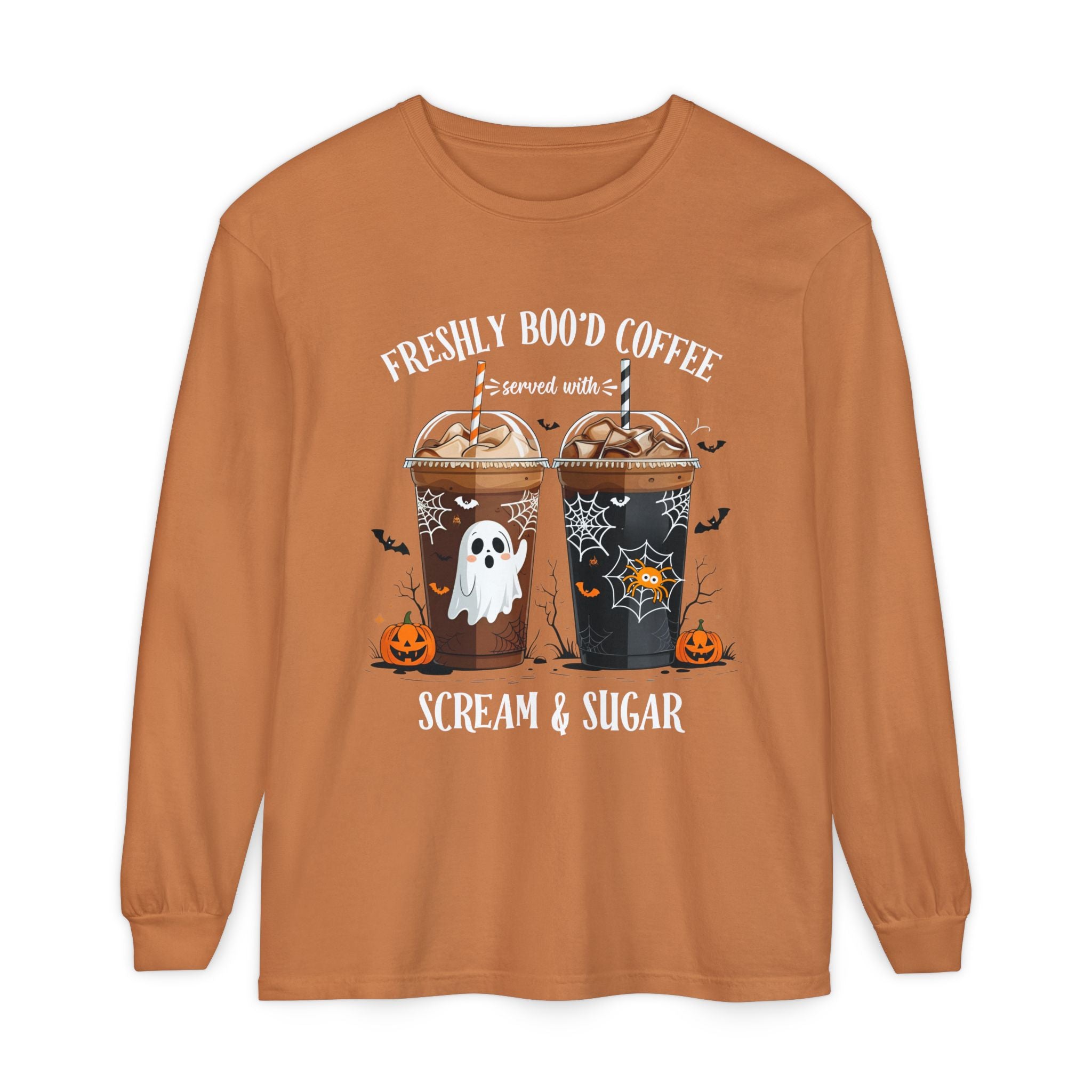 Halloween Coffee Long Sleeve Tee — "Freshly Boo'd Coffee, Scream & Sugar"