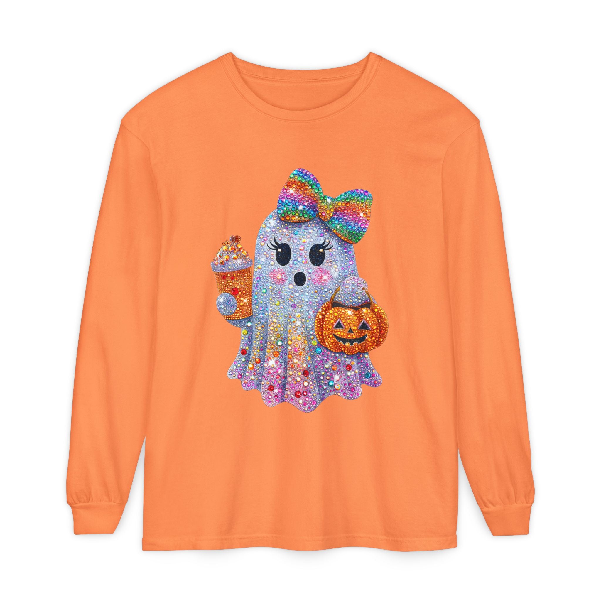 Sparkle Ghost Long Sleeve Tee — Cute Halloween Pumpkin & Candy Design