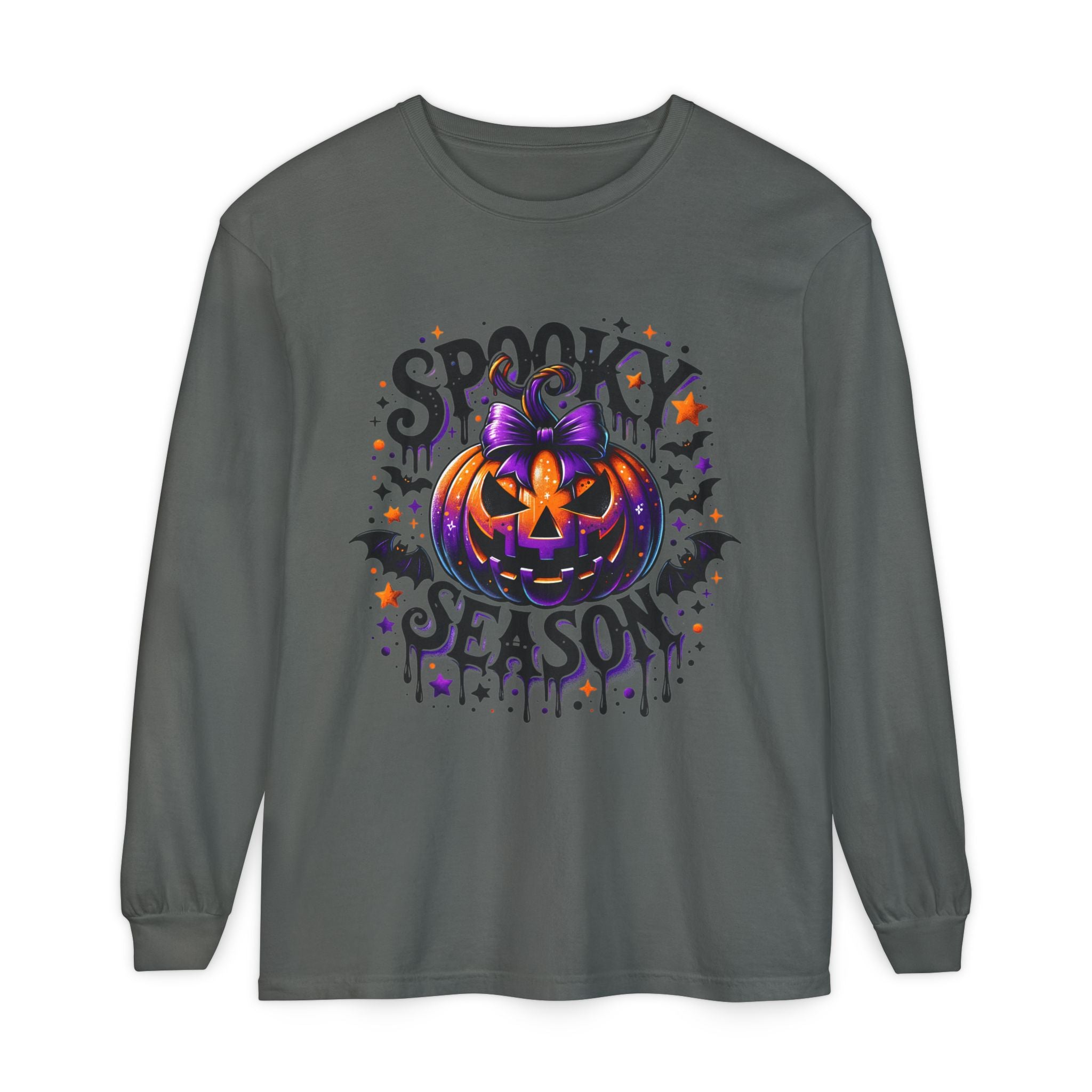 Spooky Season Long Sleeve Tee — Purple Jack-O'-Lantern Halloween Shirt