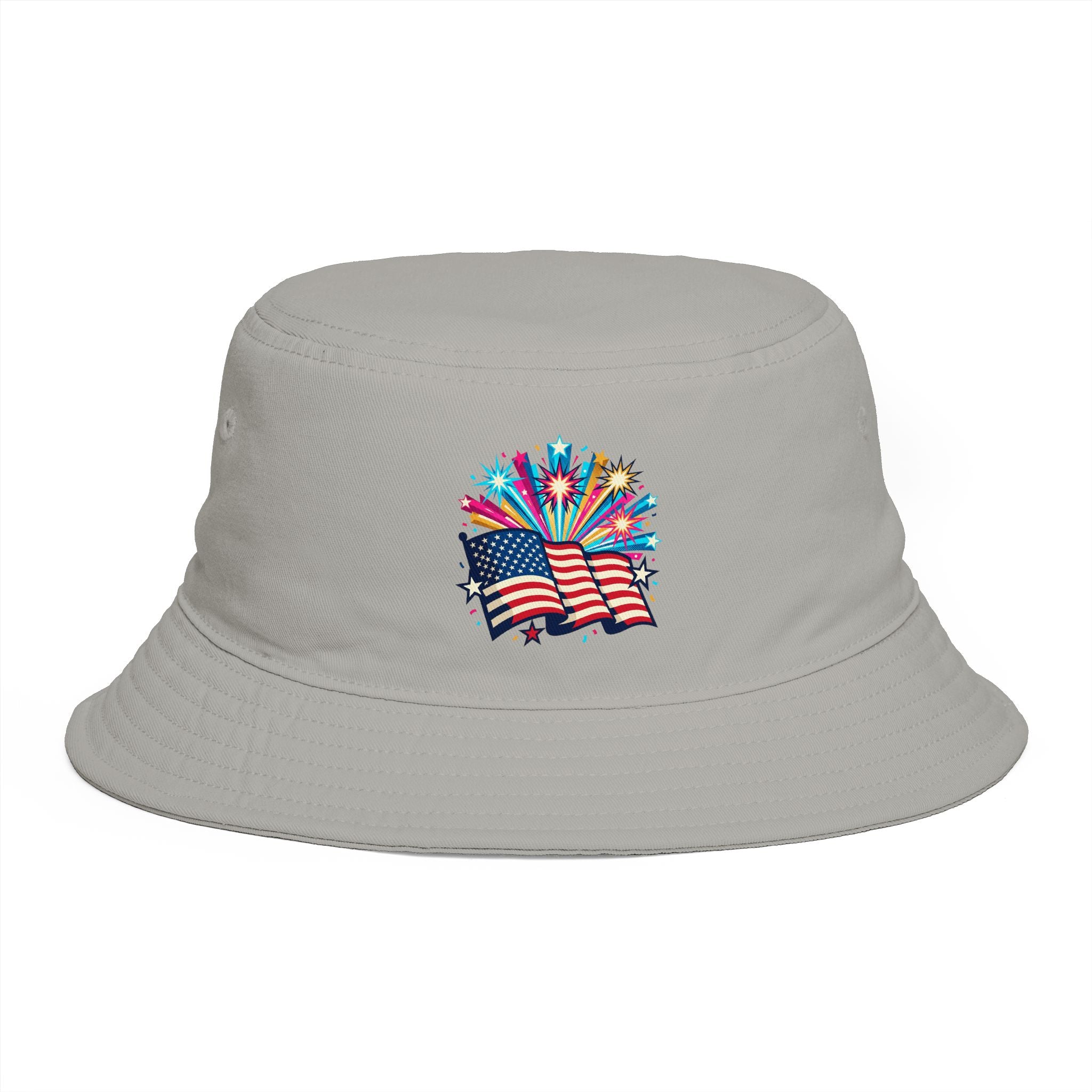 Patriotic Fireworks American Flag Bucket Hat — 4th of July USA Celebration Hat