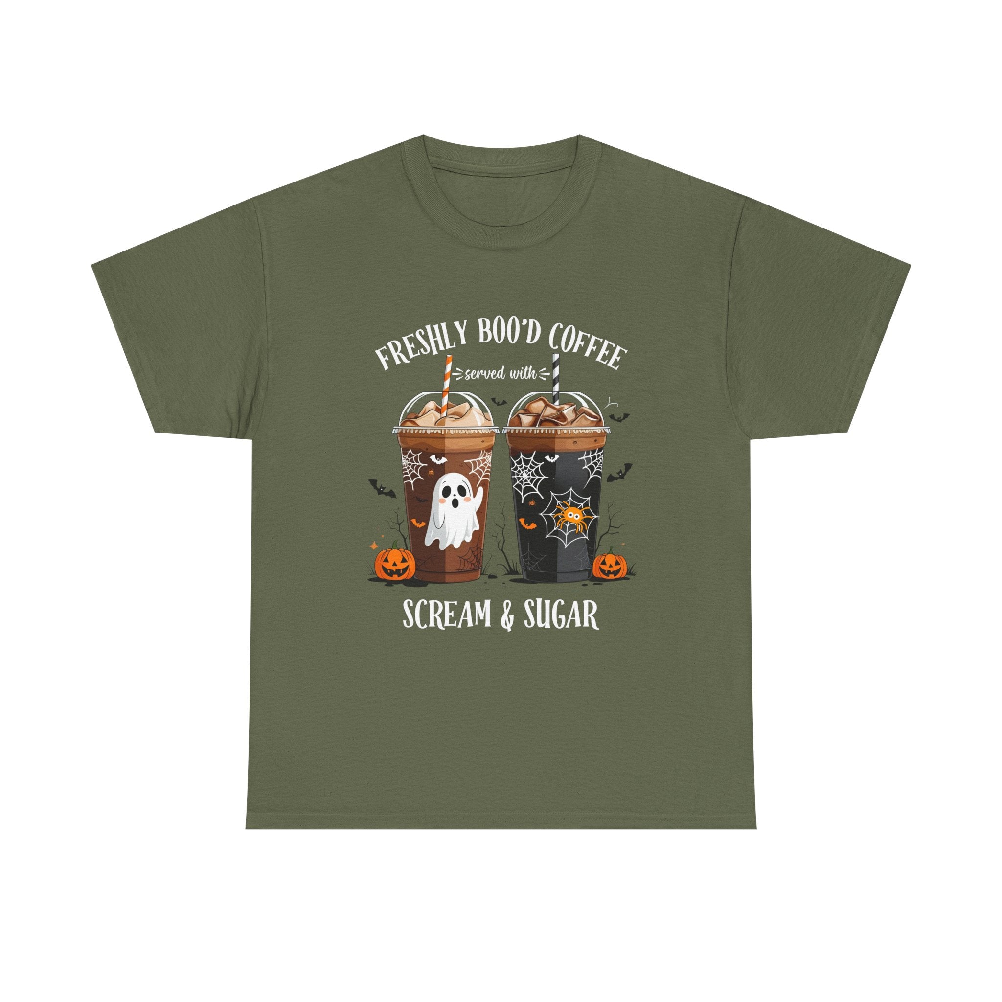 Halloween Coffee T‑Shirt - "Freshly Boo’d Coffee: Scream & Sugar" Funny Spooky Pumpkin Ghost Tee