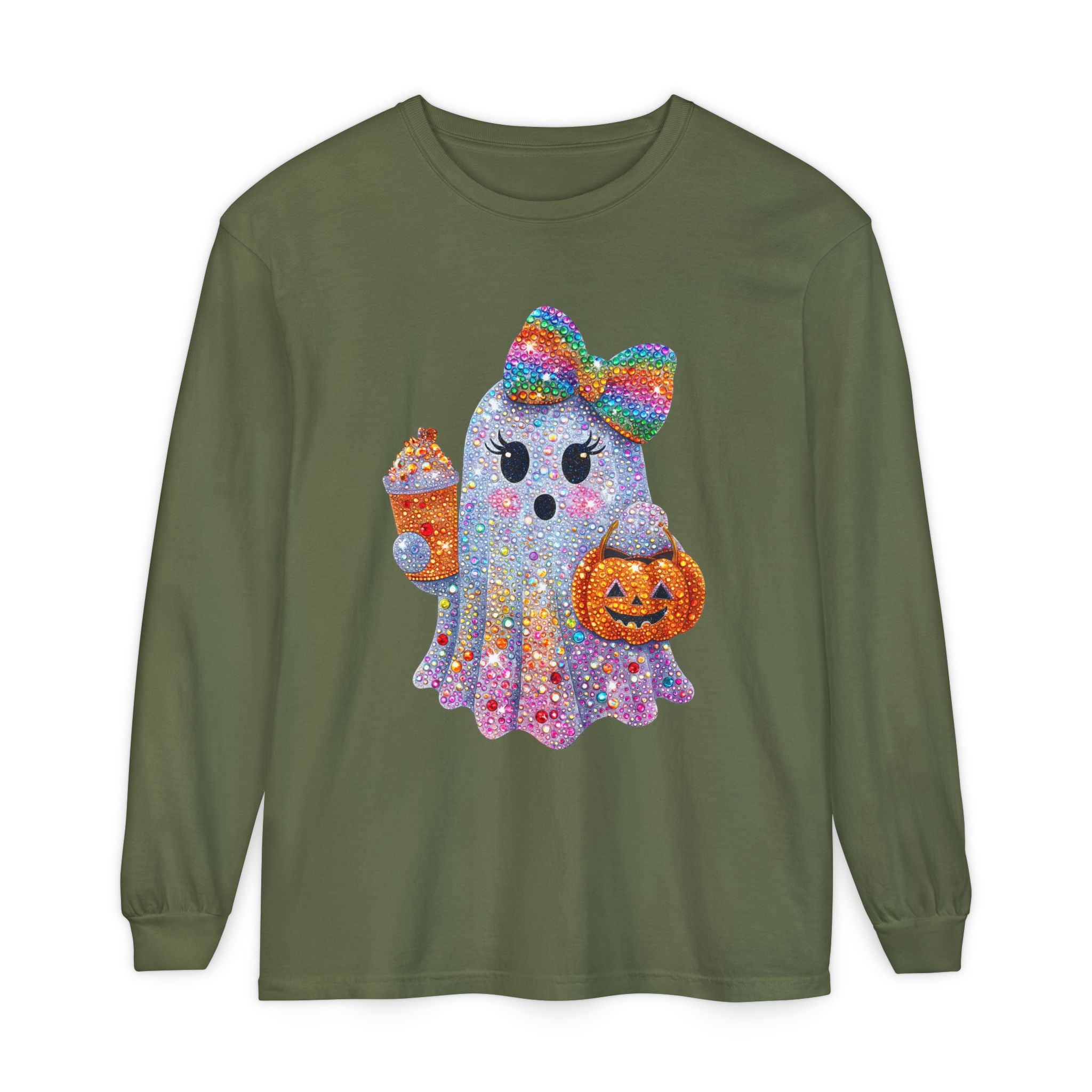 Sparkle Ghost Long Sleeve Tee — Cute Halloween Pumpkin & Candy Design