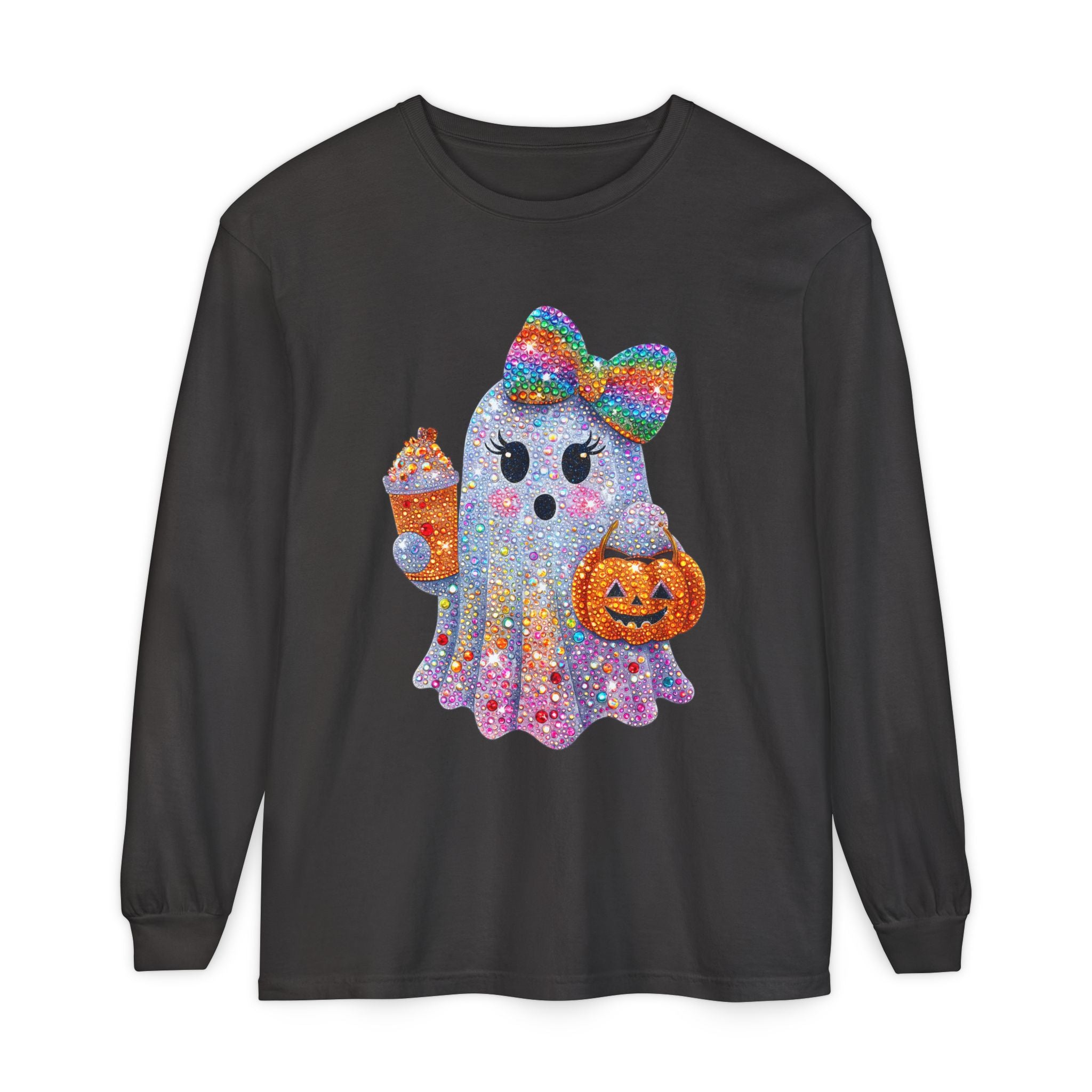 Sparkle Ghost Long Sleeve Tee — Cute Halloween Pumpkin & Candy Design
