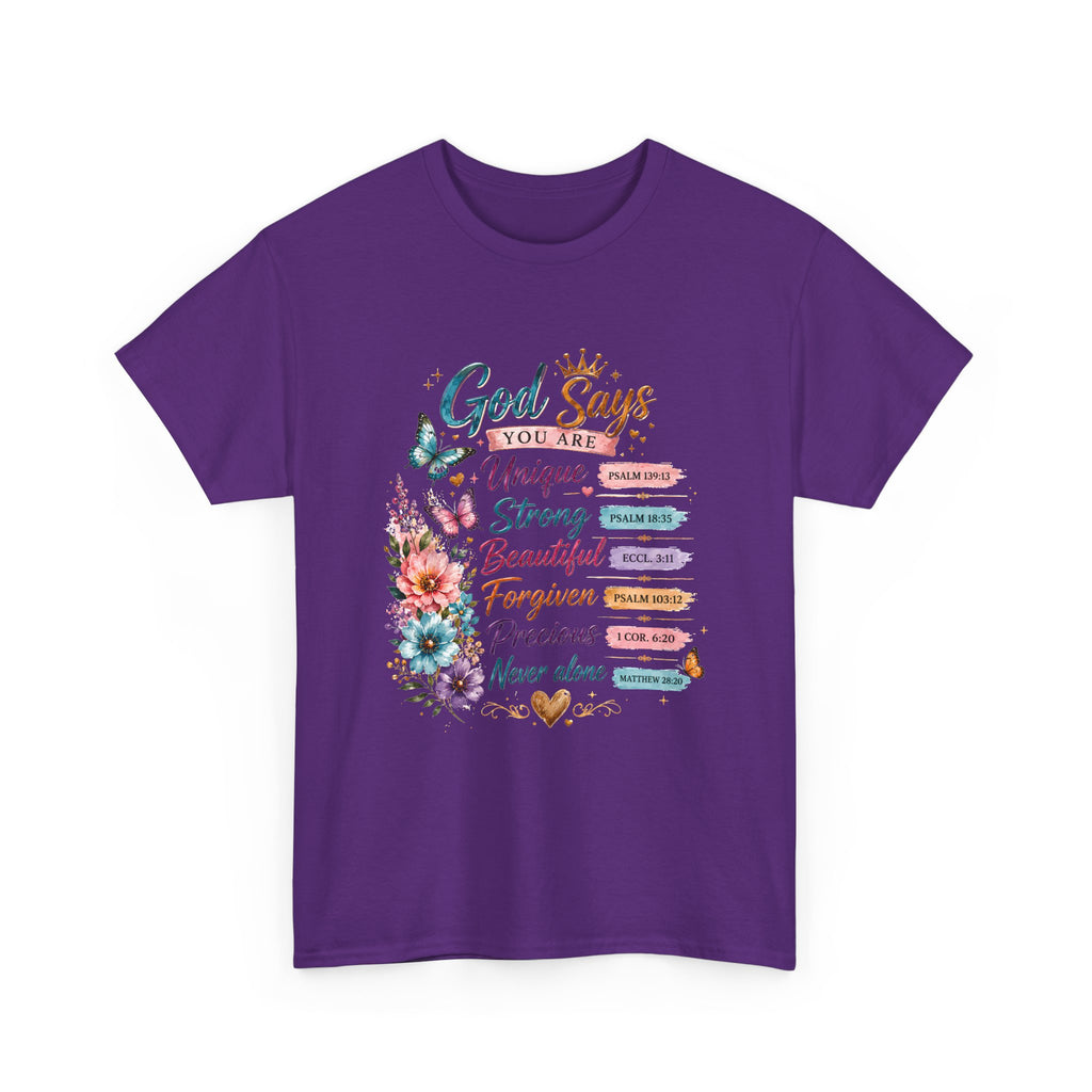 God Says Inspirational Floral T‑Shirt — You Are Unique, Strong, Beautiful Faith Tee