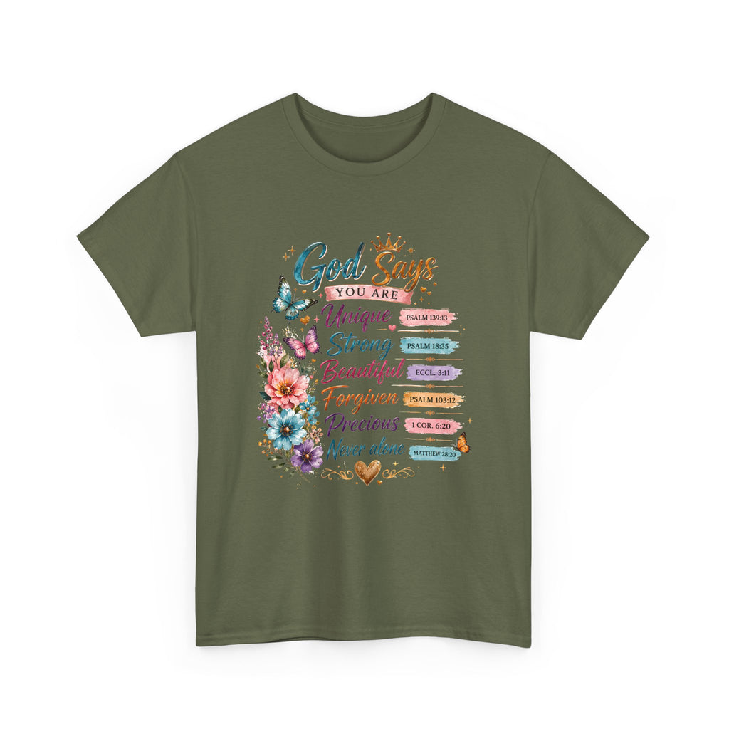 God Says Inspirational Floral T‑Shirt — You Are Unique, Strong, Beautiful Faith Tee