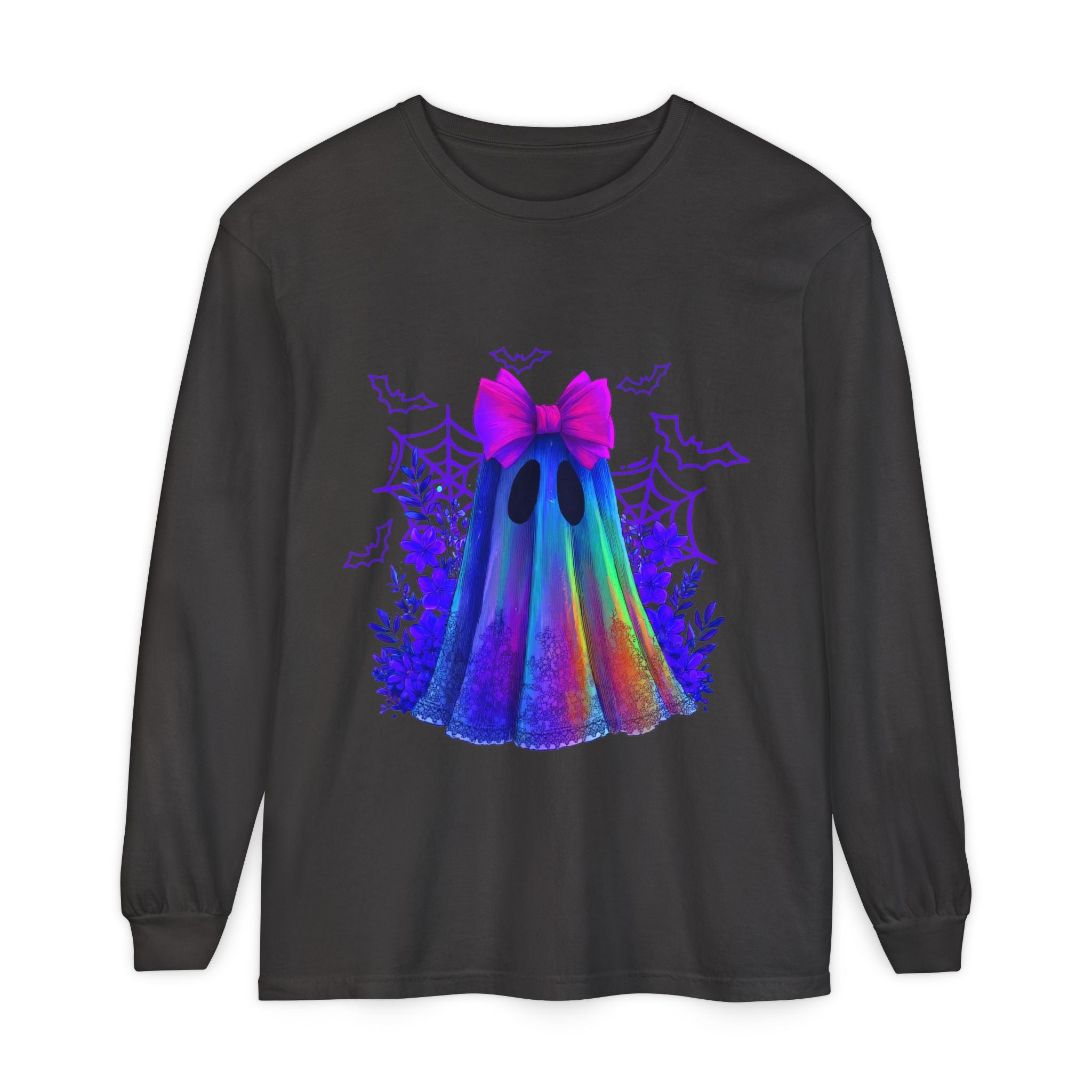 Halloween Ghost Long Sleeve Tee — Holographic Bow Ghost Graphic