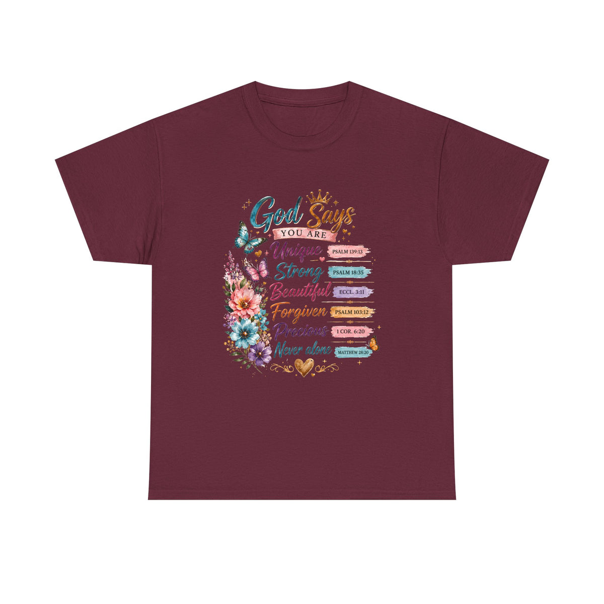 God Says Inspirational Floral T‑Shirt — You Are Unique, Strong, Beautiful Faith Tee