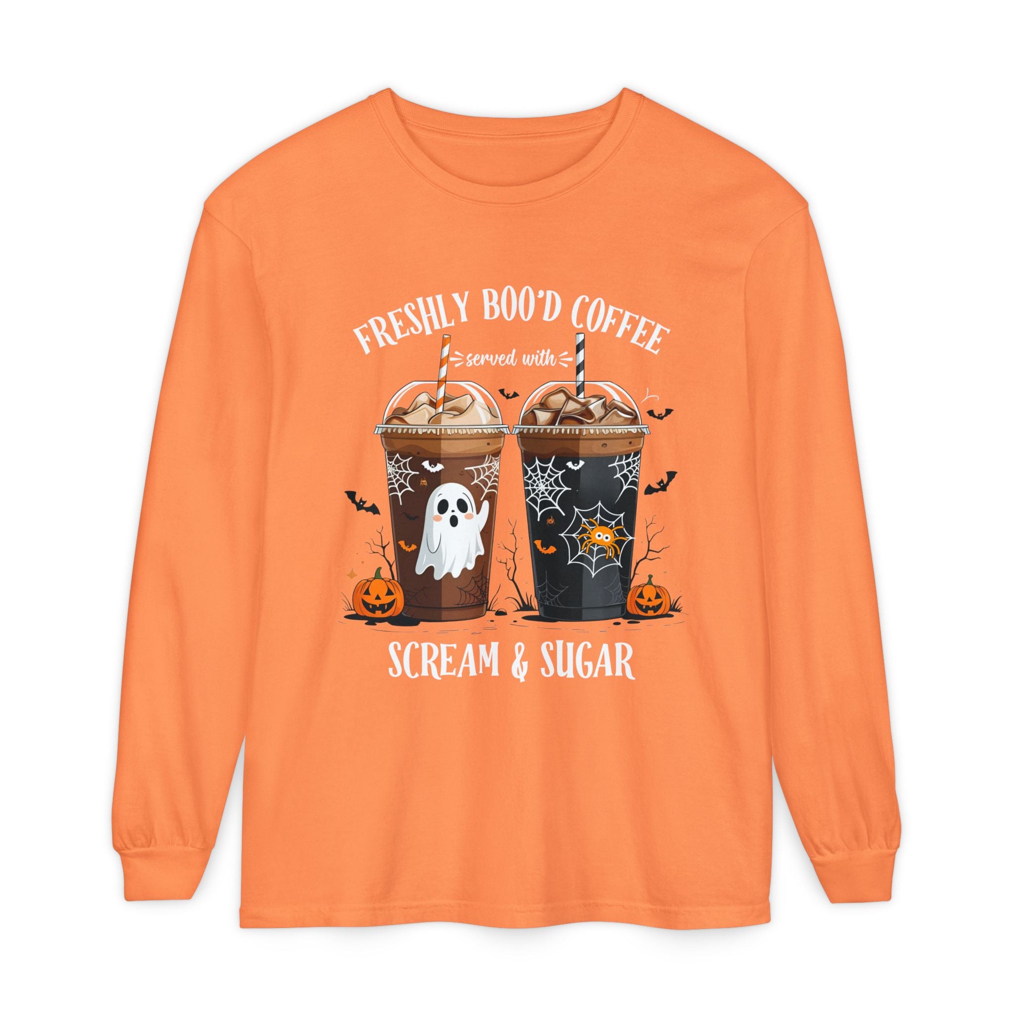 Halloween Coffee Long Sleeve Tee — "Freshly Boo'd Coffee, Scream & Sugar"