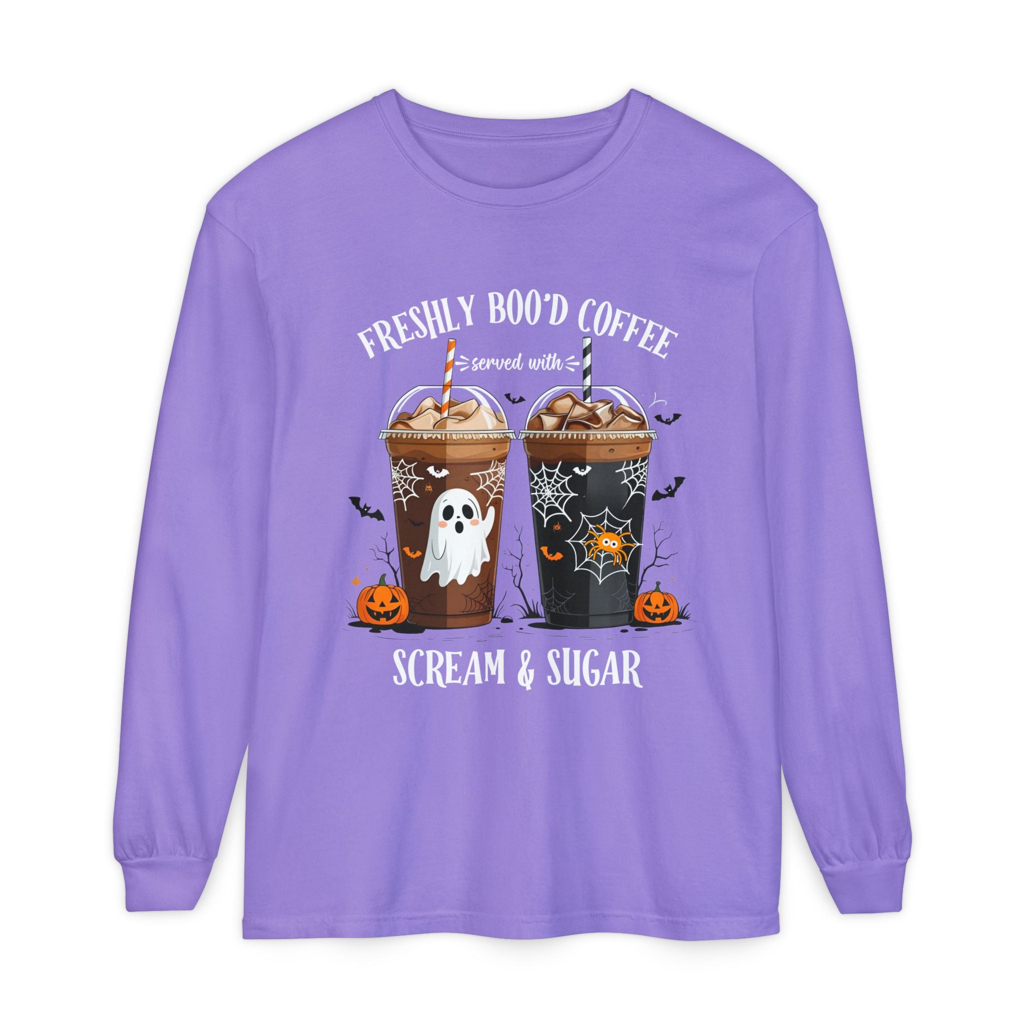 Halloween Coffee Long Sleeve Tee — "Freshly Boo'd Coffee, Scream & Sugar"