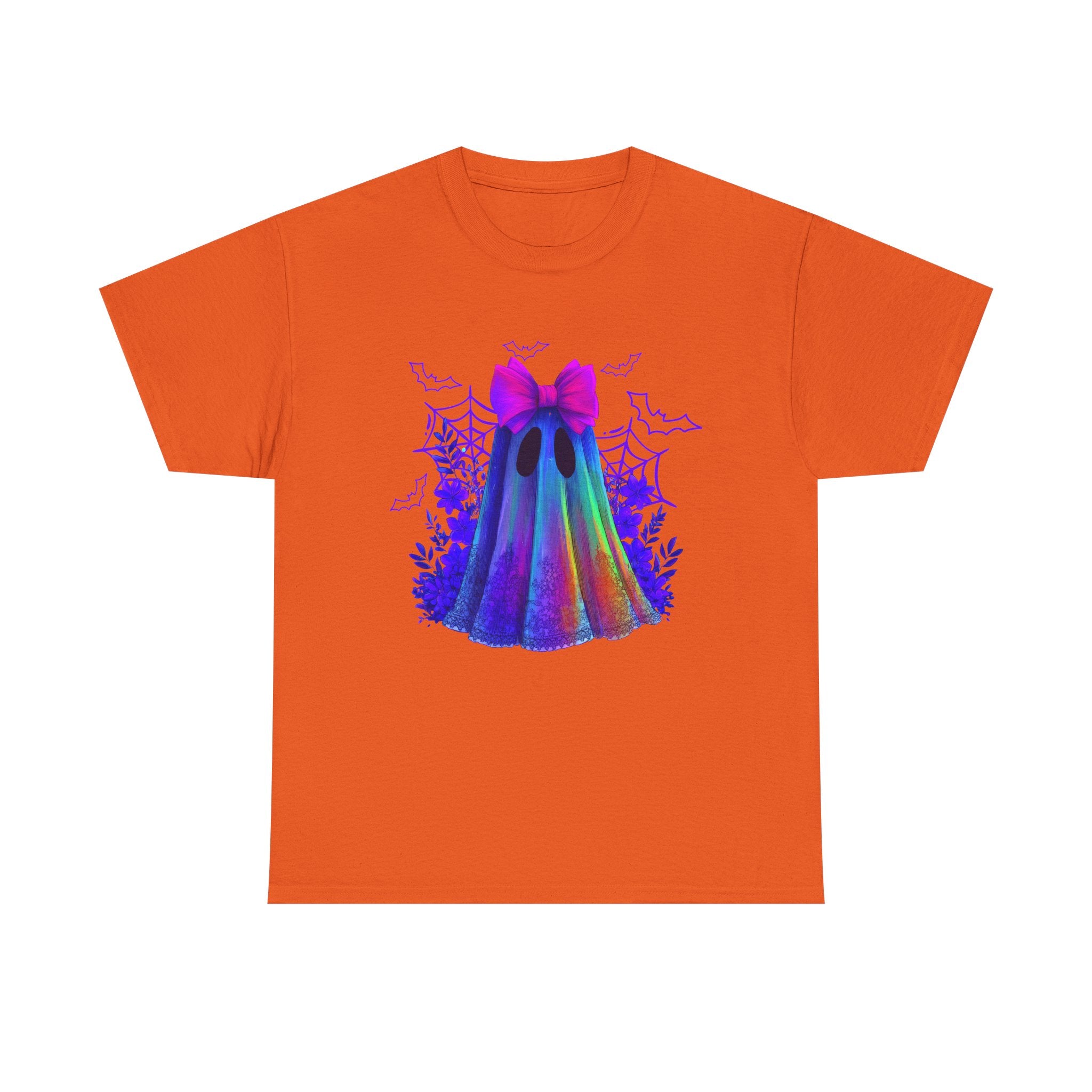 Neon Rainbow Ghost T-Shirt — Cute Halloween Spirit Tee with Pink Bow