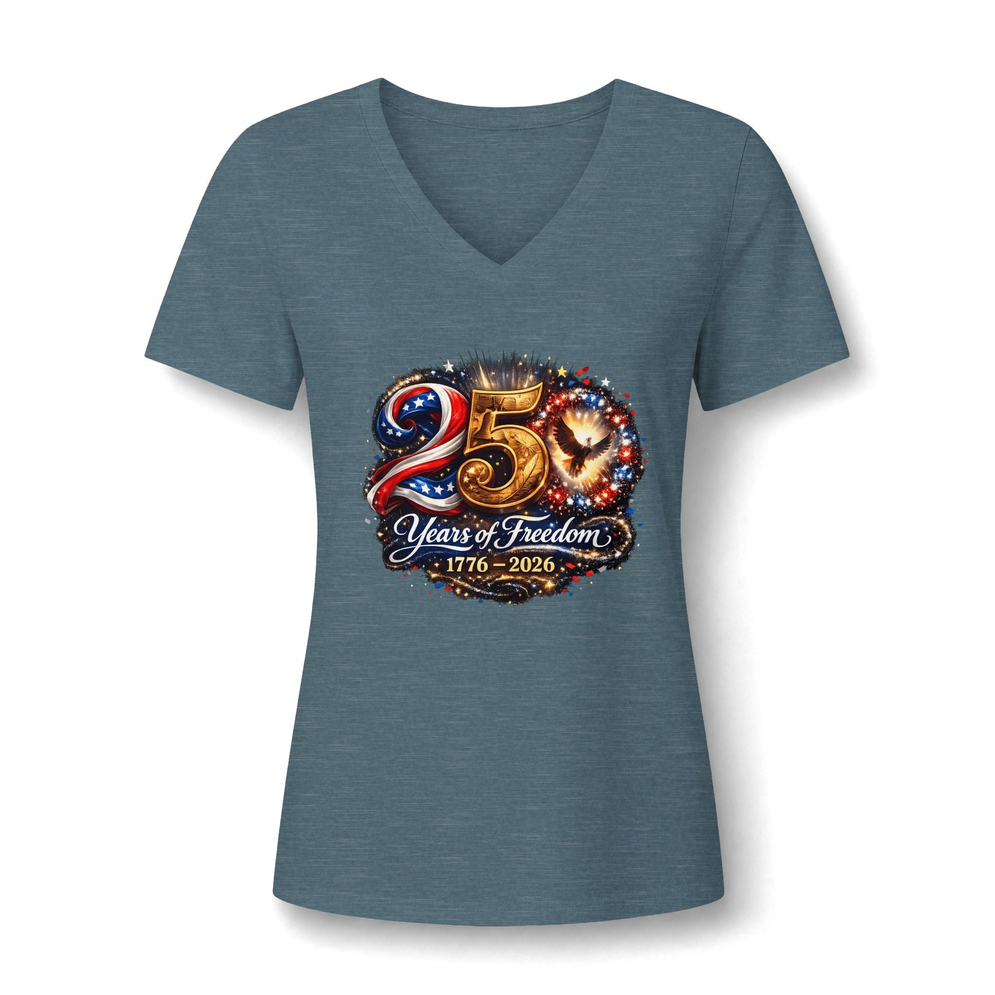 25 Years of Freedom 1776–2026 V-Neck Tee — Patriotic Women's 25th Anniversary Shirt