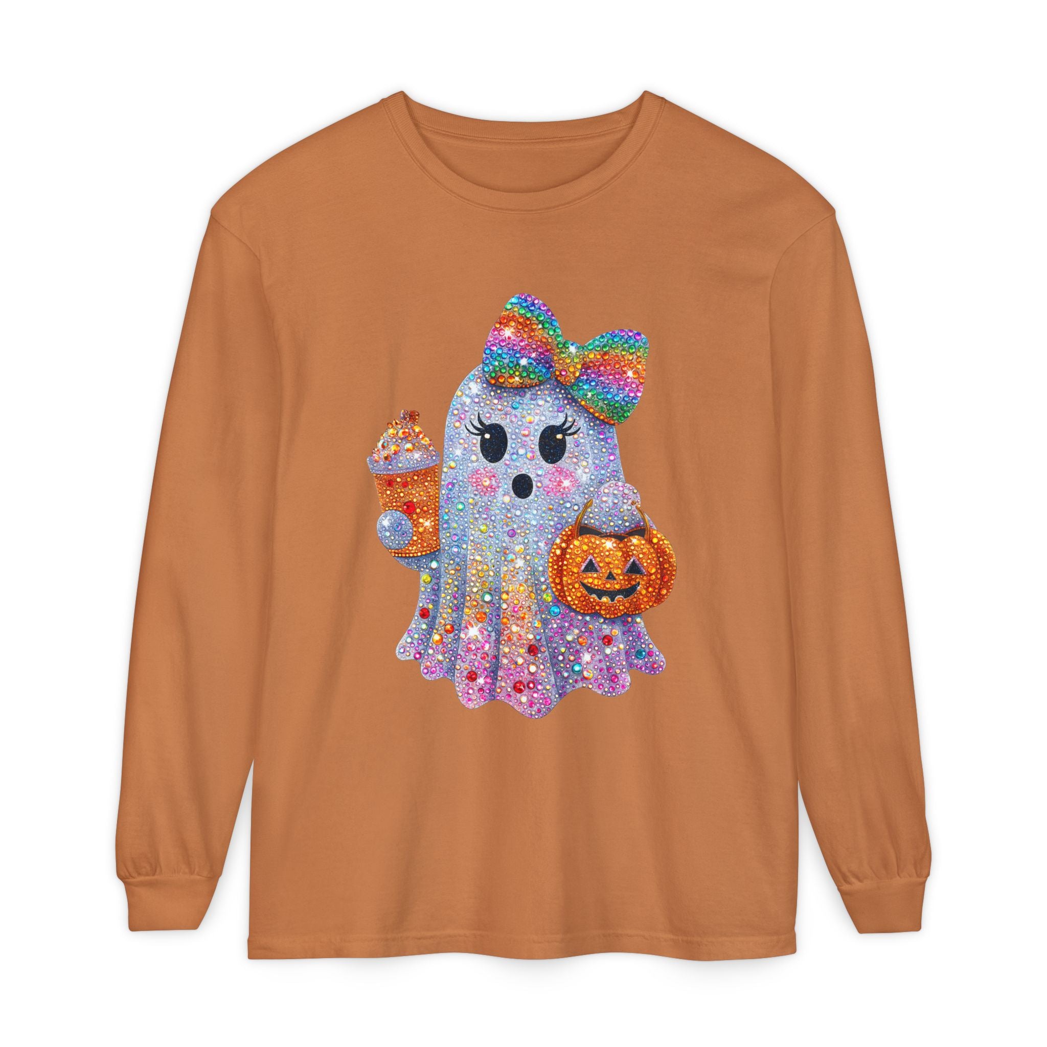 Sparkle Ghost Long Sleeve Tee — Cute Halloween Pumpkin & Candy Design