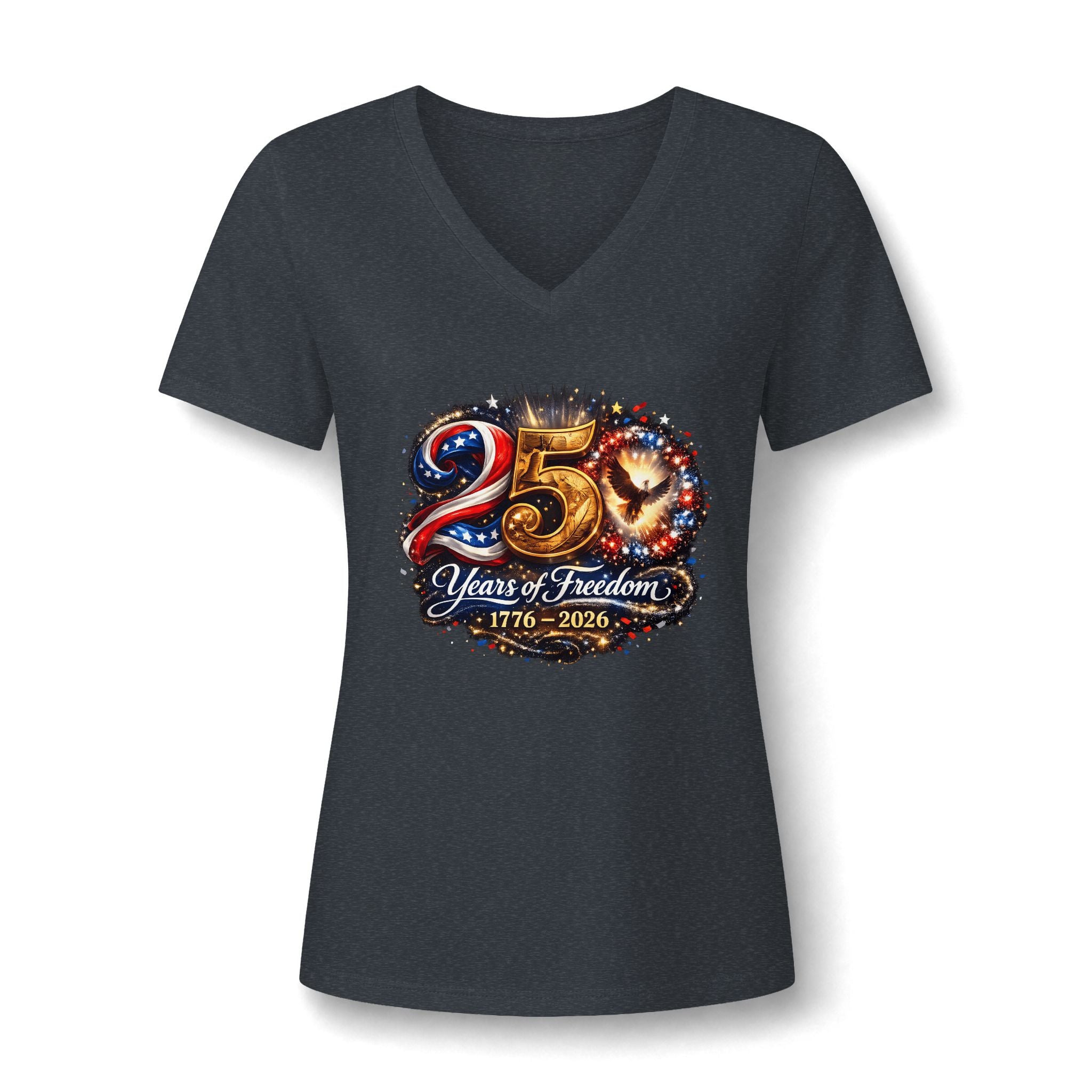 25 Years of Freedom 1776–2026 V-Neck Tee — Patriotic Women's 25th Anniversary Shirt