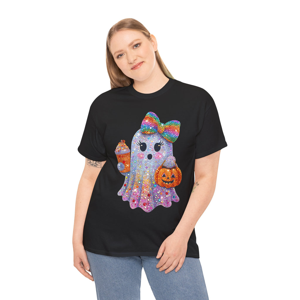 Cute Glitter Ghost T‑Shirt — Rainbow Bow Halloween Tee with Pumpkin & Candy