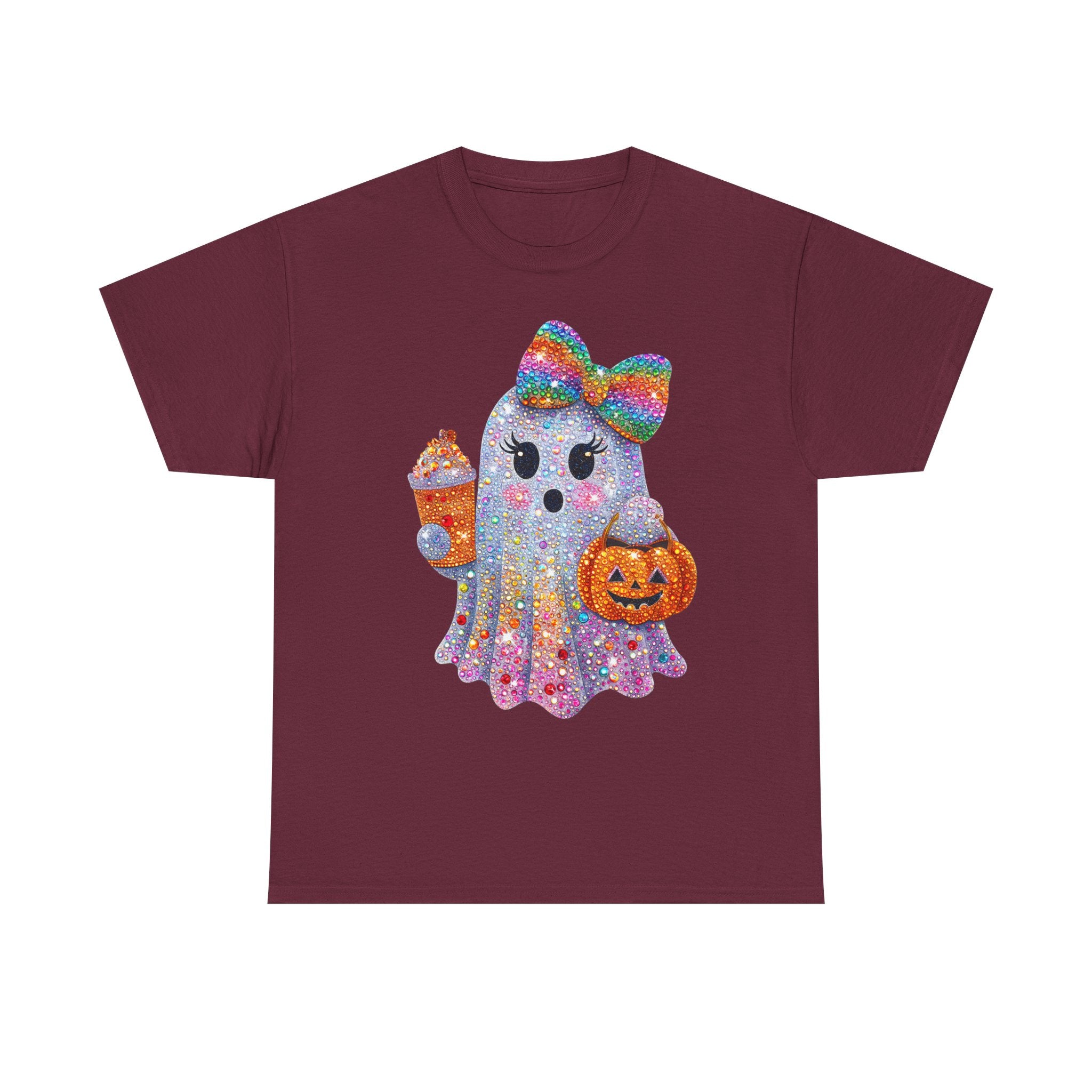 Cute Glitter Ghost T‑Shirt — Rainbow Bow Halloween Tee with Pumpkin & Candy