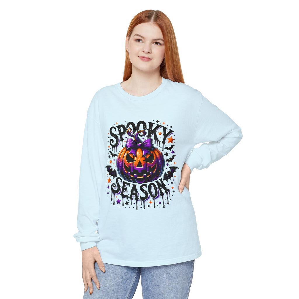 Spooky Season Long Sleeve Tee — Purple Jack-O'-Lantern Halloween Shirt