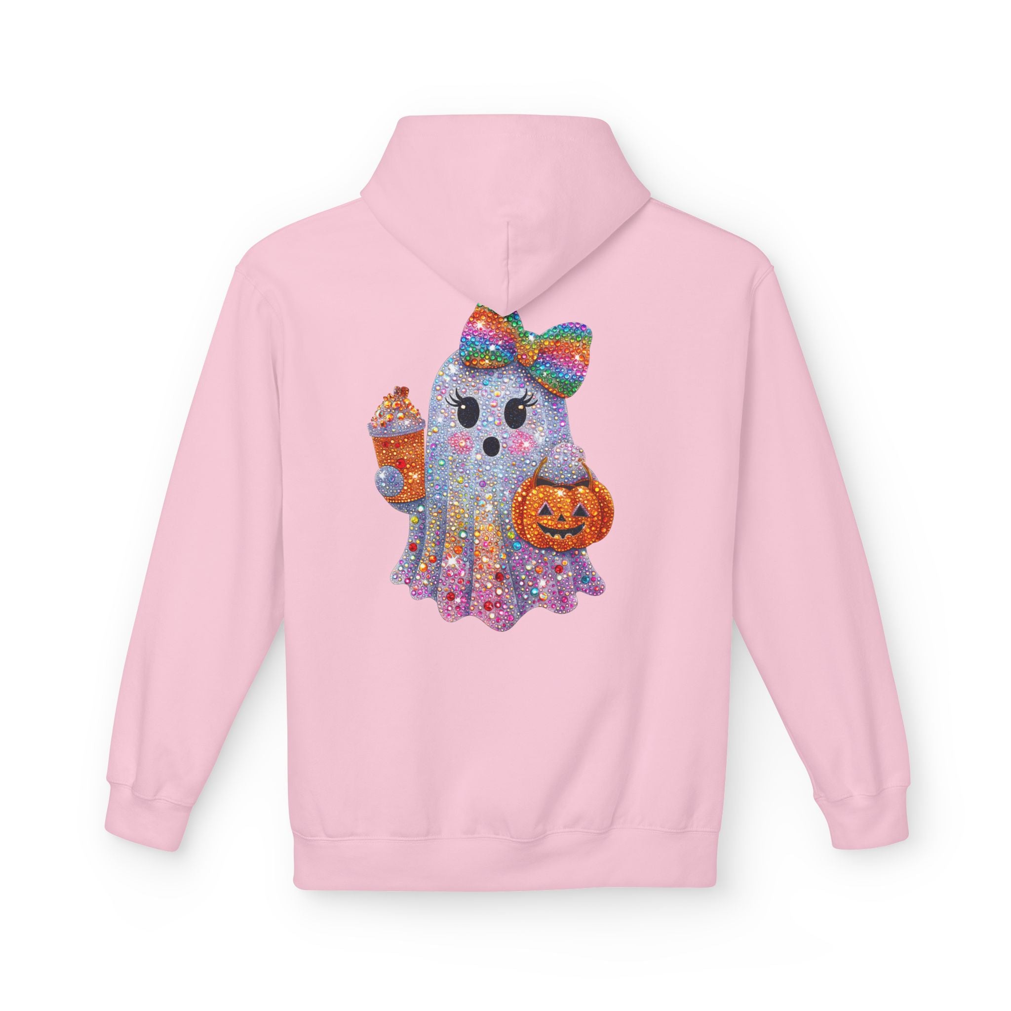 Cute Halloween Ghost Hoodie — Glitter Ghost Holding Pumpkin & Coffee Graphic