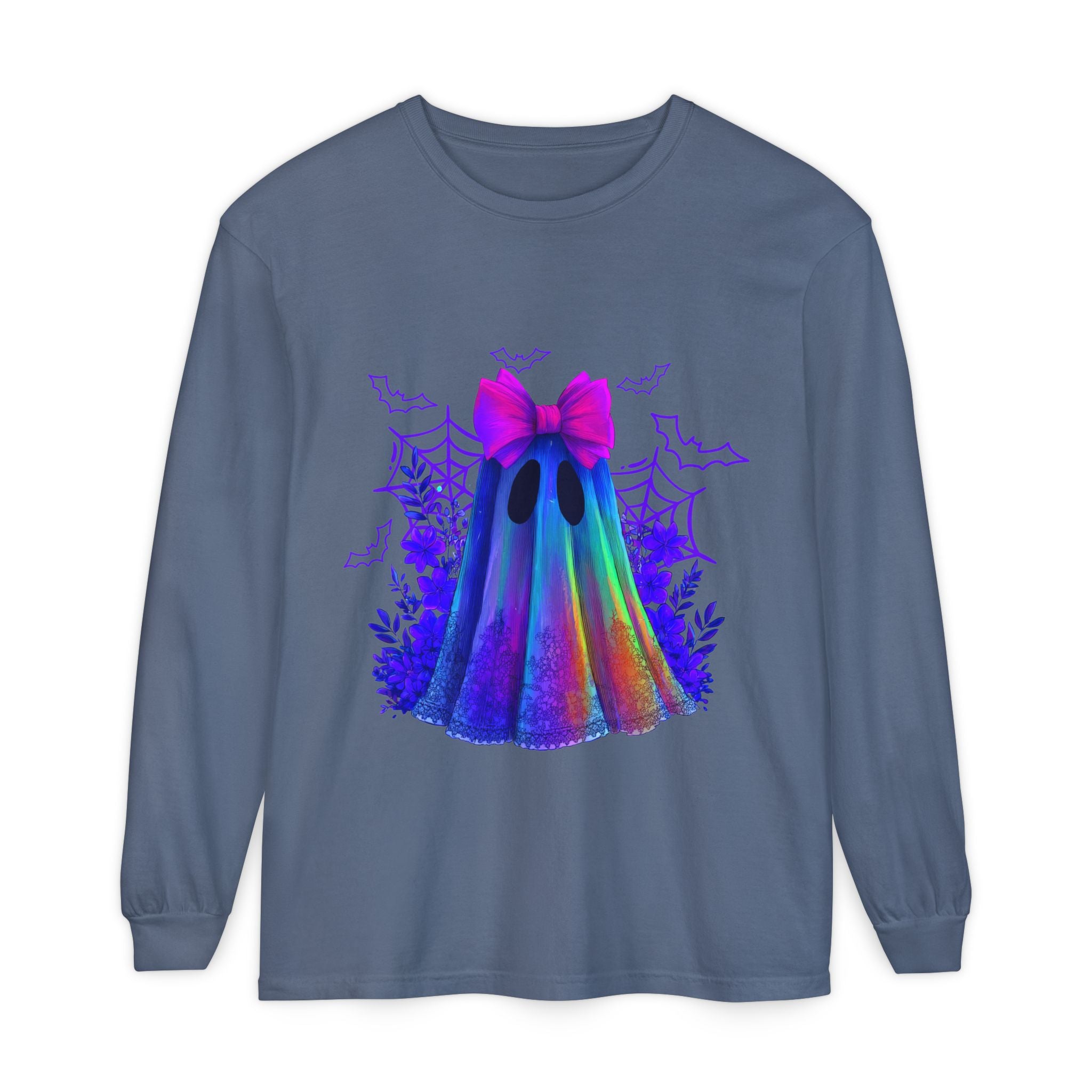 Halloween Ghost Long Sleeve Tee — Holographic Bow Ghost Graphic