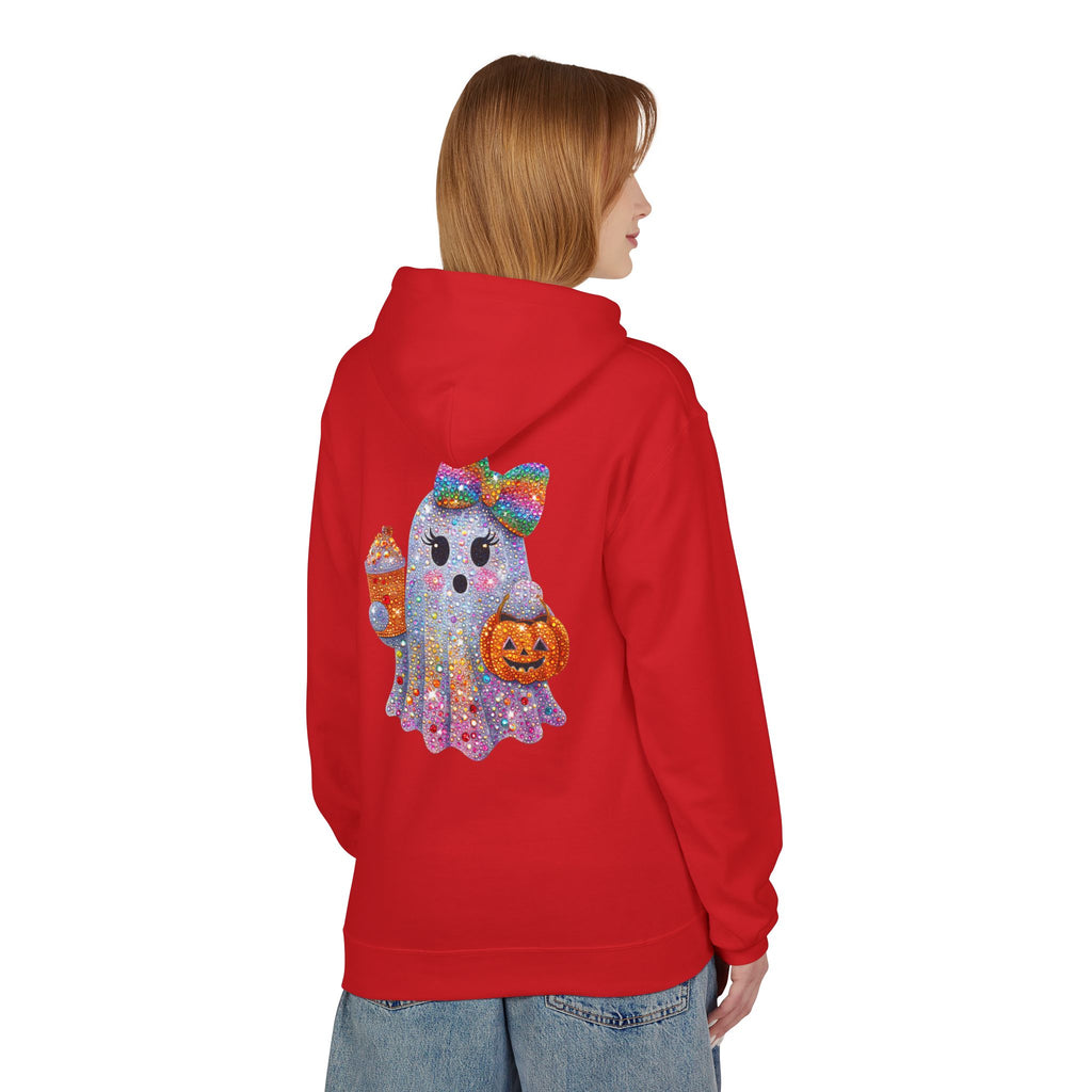 Cute Halloween Ghost Hoodie — Glitter Ghost Holding Pumpkin & Coffee Graphic