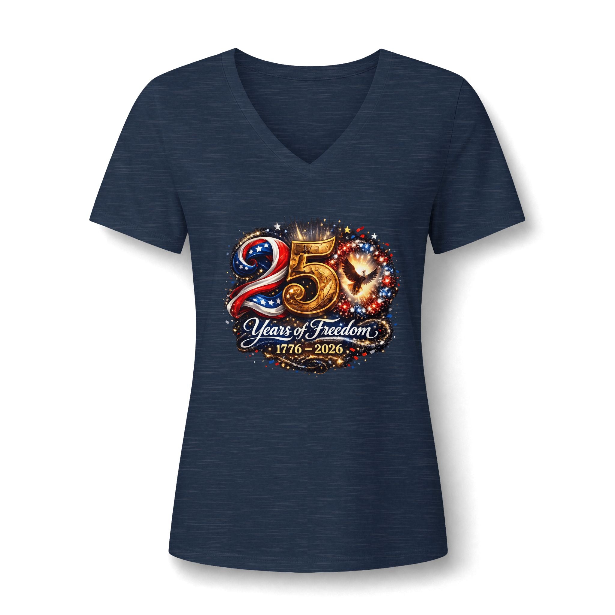 25 Years of Freedom 1776–2026 V-Neck Tee — Patriotic Women's 25th Anniversary Shirt