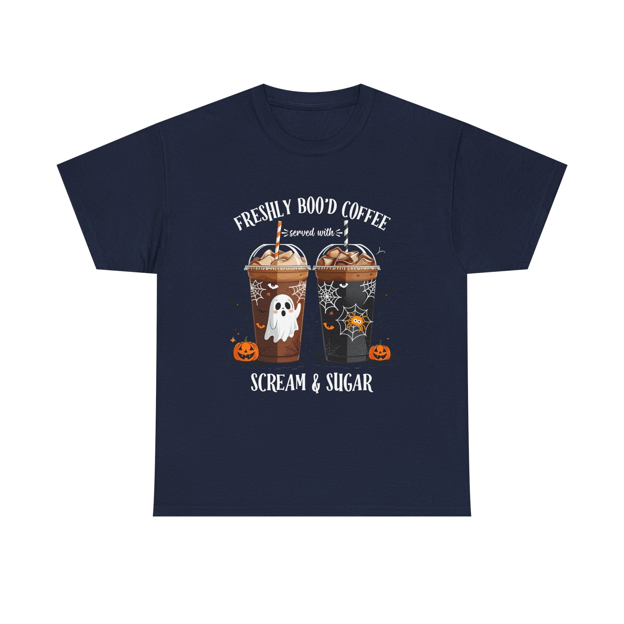 Halloween Coffee T‑Shirt - "Freshly Boo’d Coffee: Scream & Sugar" Funny Spooky Pumpkin Ghost Tee