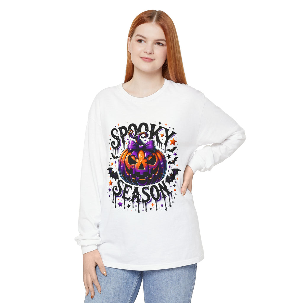 Spooky Season Long Sleeve Tee — Purple Jack-O'-Lantern Halloween Shirt