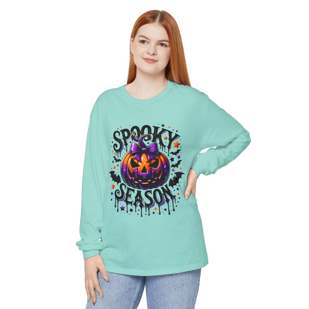 Spooky Season Long Sleeve Tee — Purple Jack-O'-Lantern Halloween Shirt