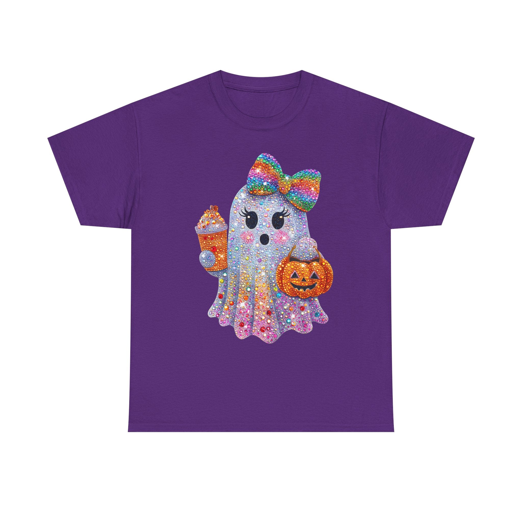 Cute Glitter Ghost T‑Shirt — Rainbow Bow Halloween Tee with Pumpkin & Candy