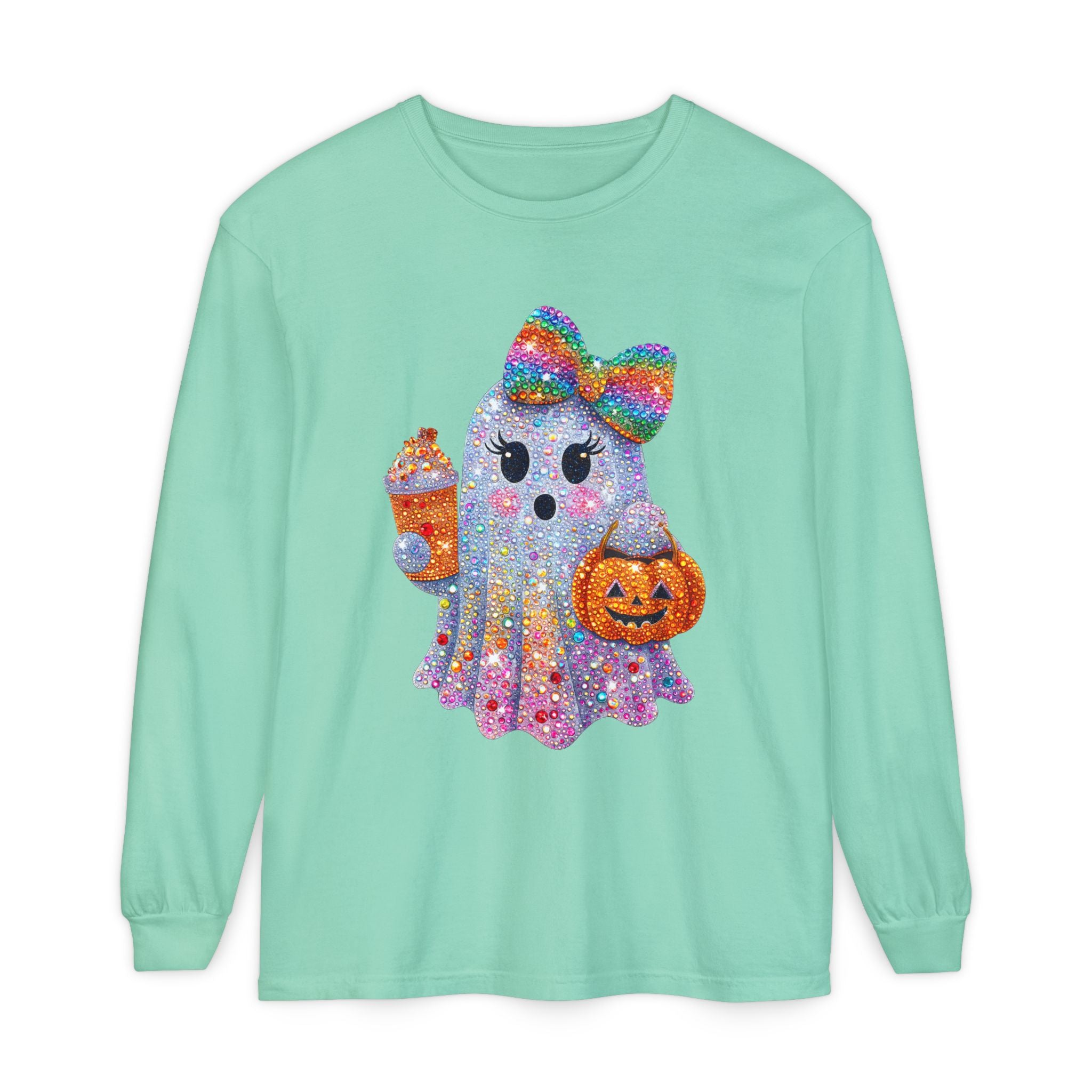 Sparkle Ghost Long Sleeve Tee — Cute Halloween Pumpkin & Candy Design