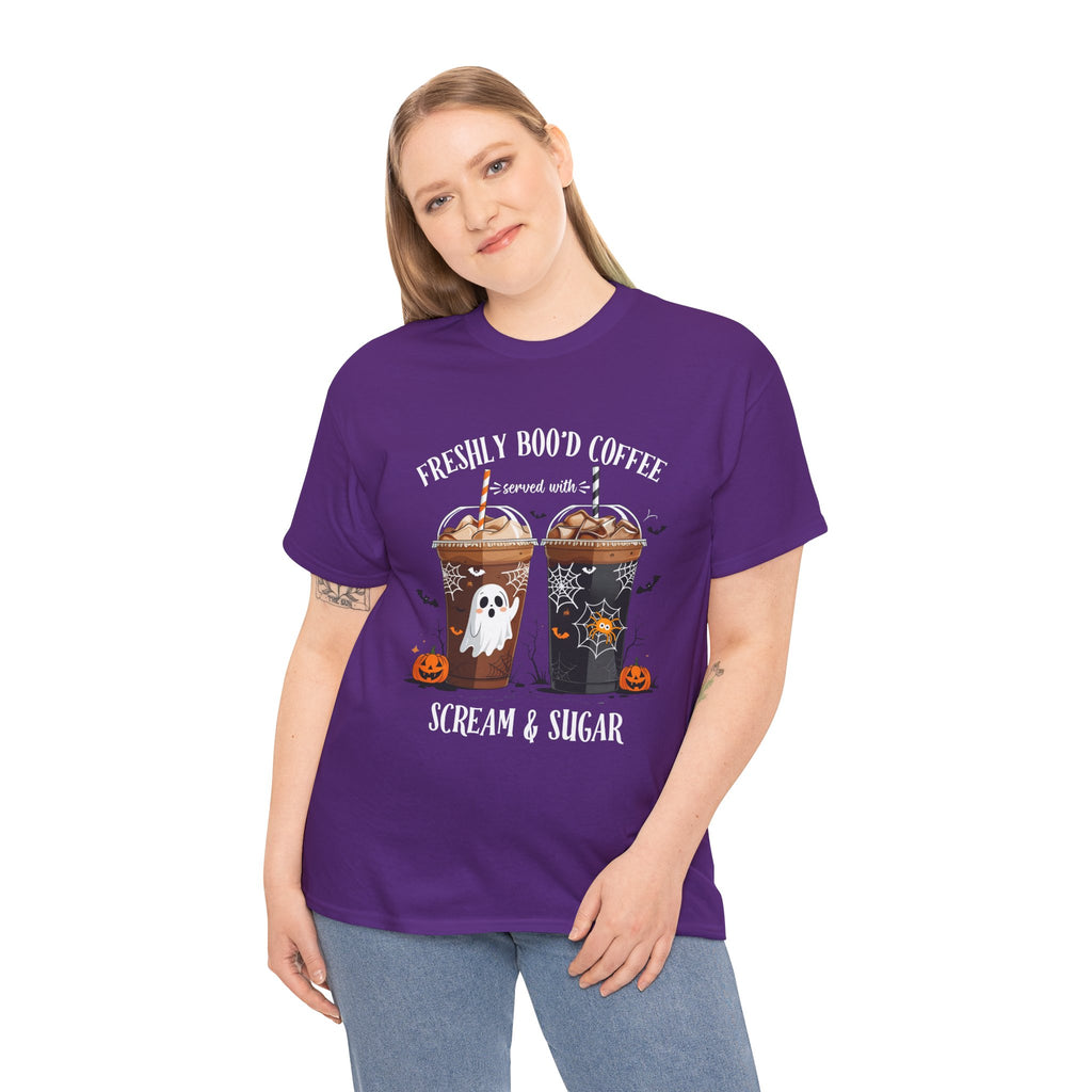 Halloween Coffee T‑Shirt - "Freshly Boo’d Coffee: Scream & Sugar" Funny Spooky Pumpkin Ghost Tee