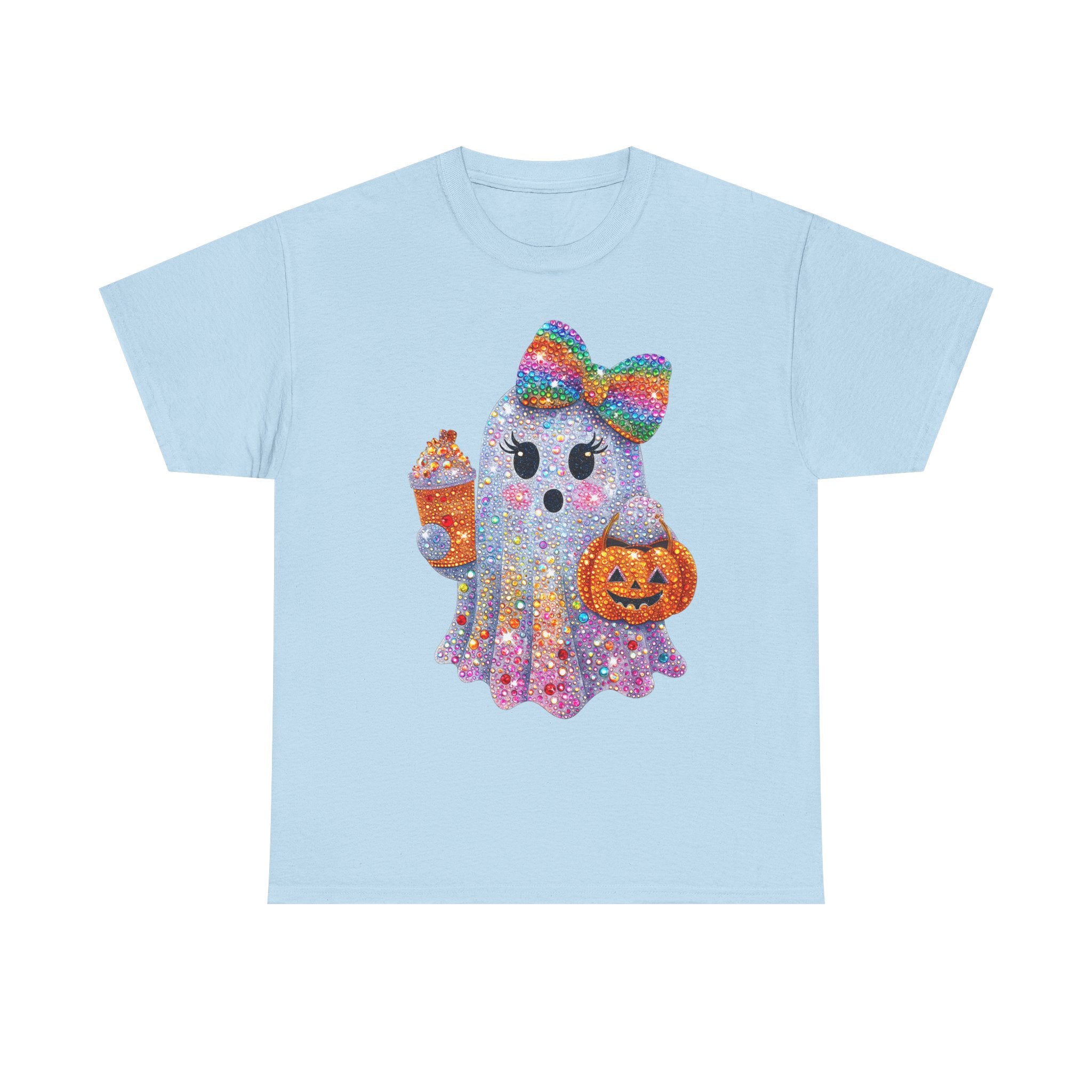 Cute Glitter Ghost T‑Shirt — Rainbow Bow Halloween Tee with Pumpkin & Candy