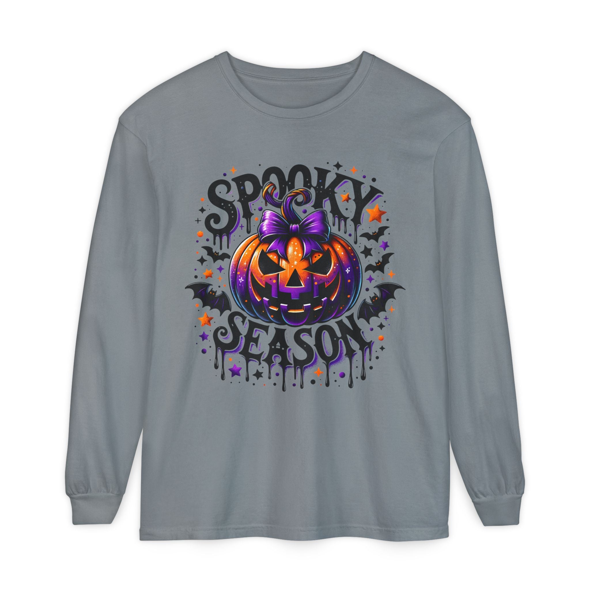 Spooky Season Long Sleeve Tee — Purple Pumpkin Halloween Design