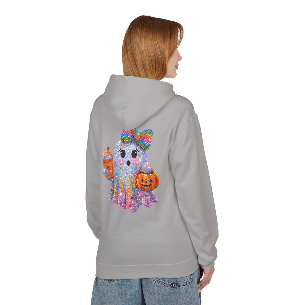 Cute Halloween Ghost Hoodie — Glitter Ghost Holding Pumpkin & Coffee Graphic