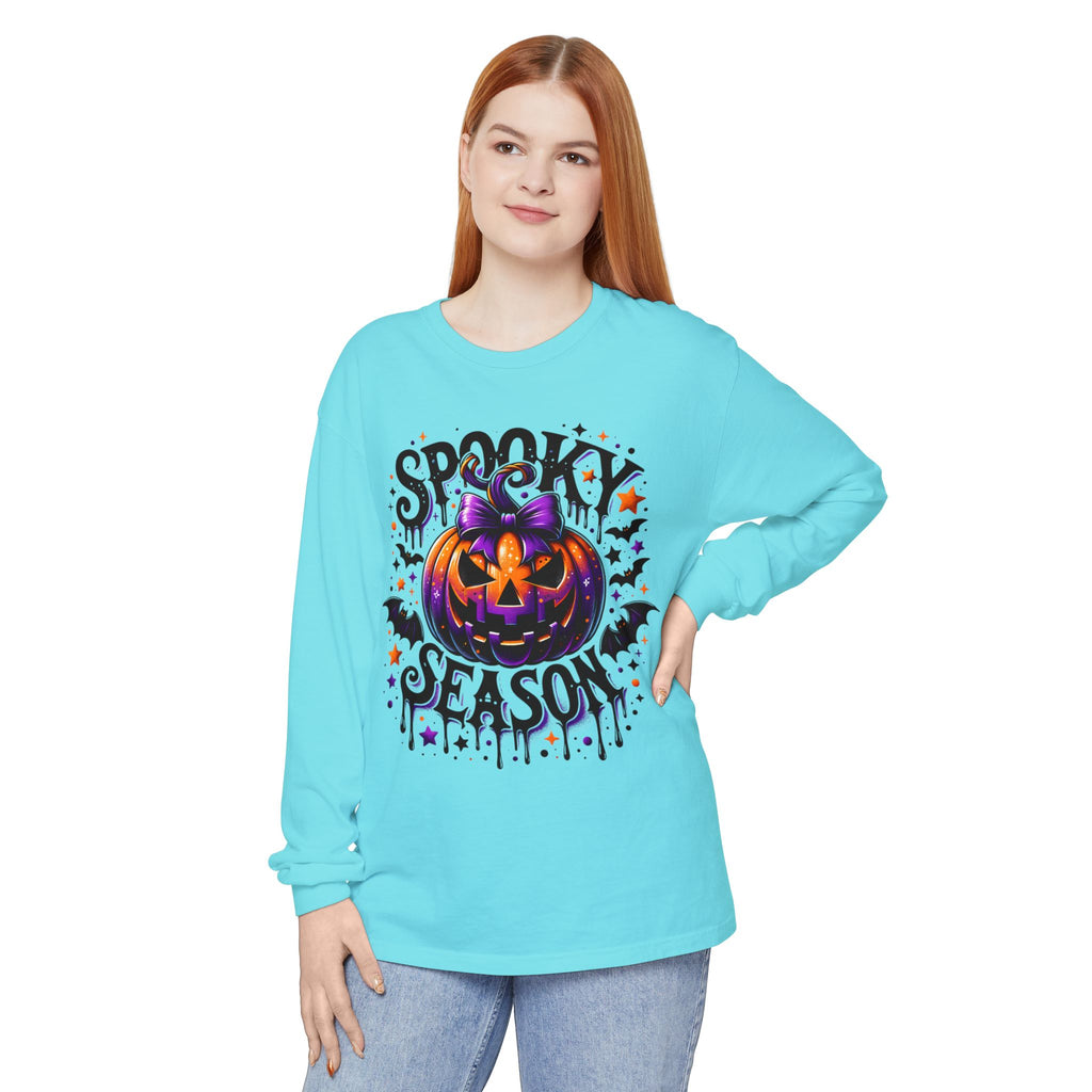 Spooky Season Long Sleeve Tee — Purple Pumpkin Halloween Design
