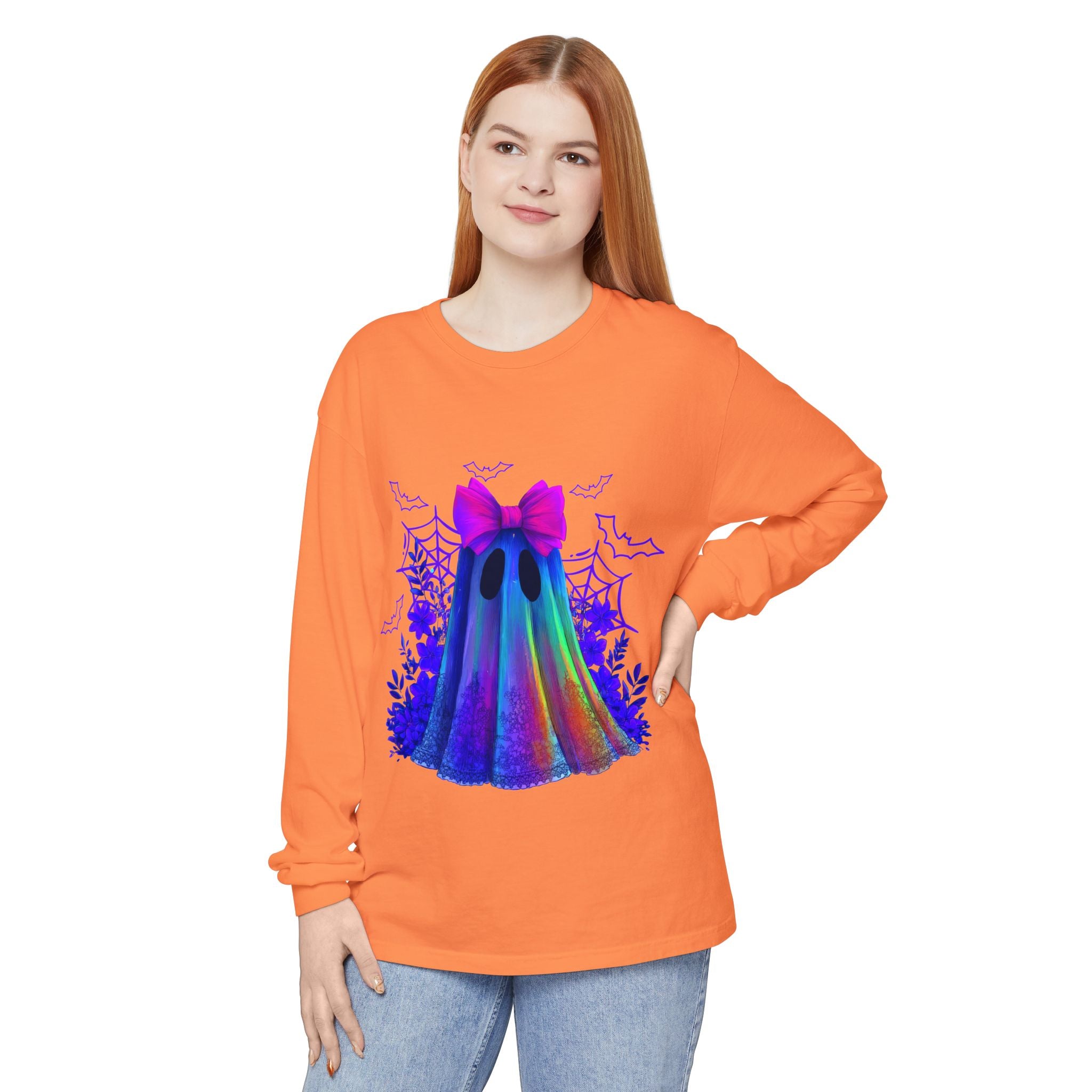 Halloween Ghost Long Sleeve Tee — Holographic Bow Ghost Graphic