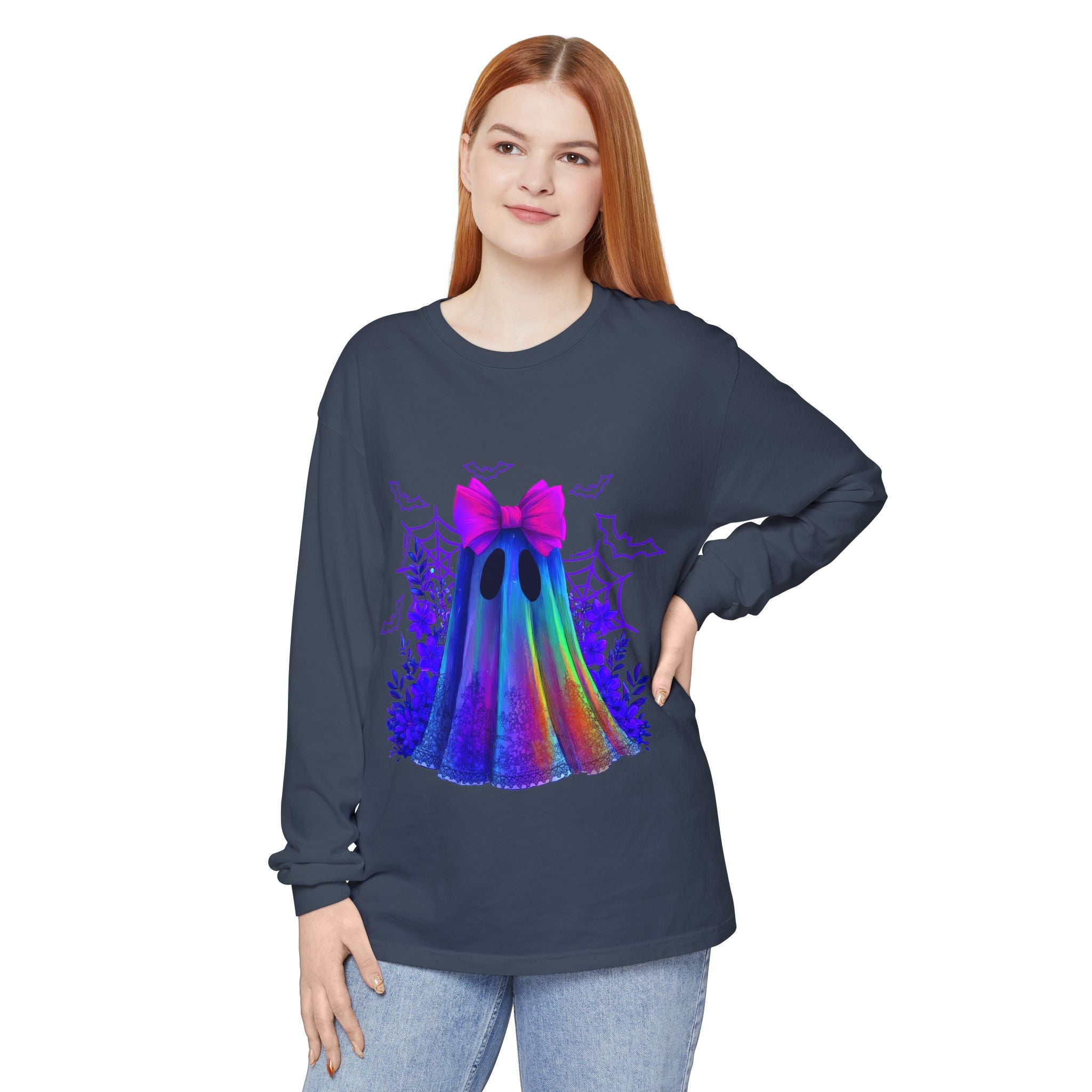 Halloween Ghost Long Sleeve Tee — Holographic Bow Ghost Graphic
