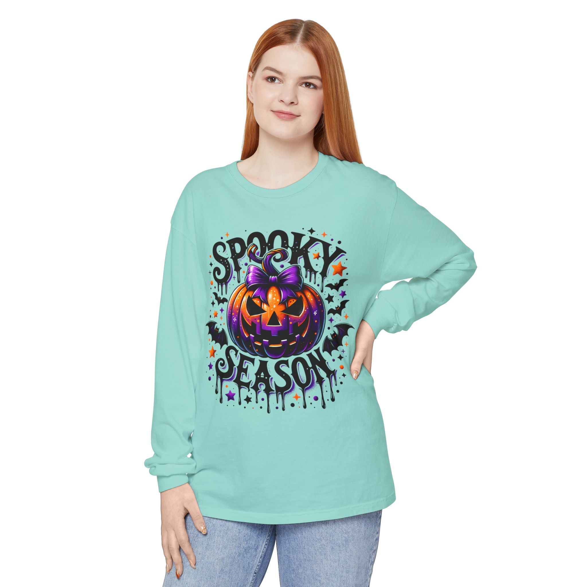 Spooky Season Long Sleeve Tee — Purple Pumpkin Halloween Design
