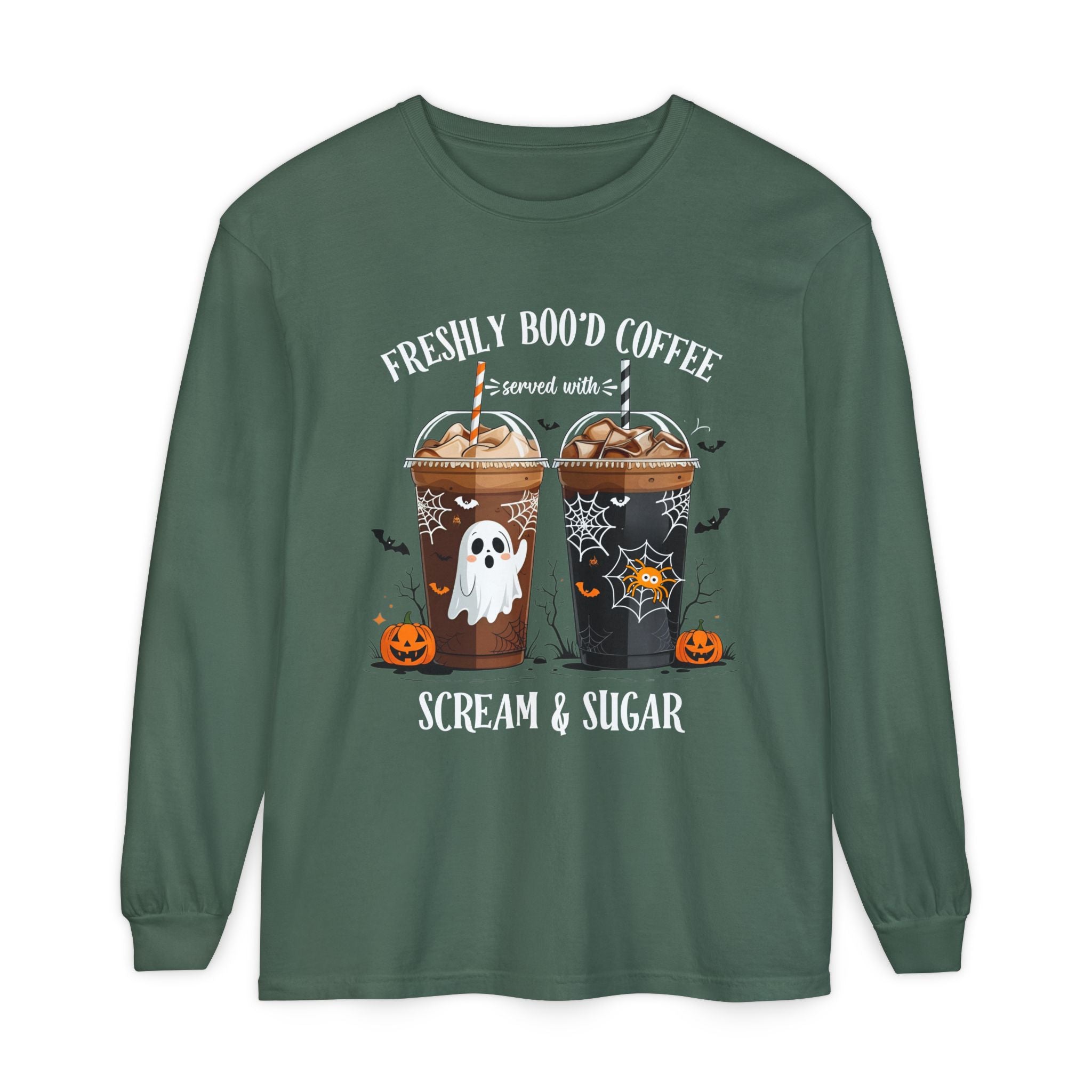 Halloween Coffee Long Sleeve Tee — "Freshly Boo'd Coffee, Scream & Sugar"