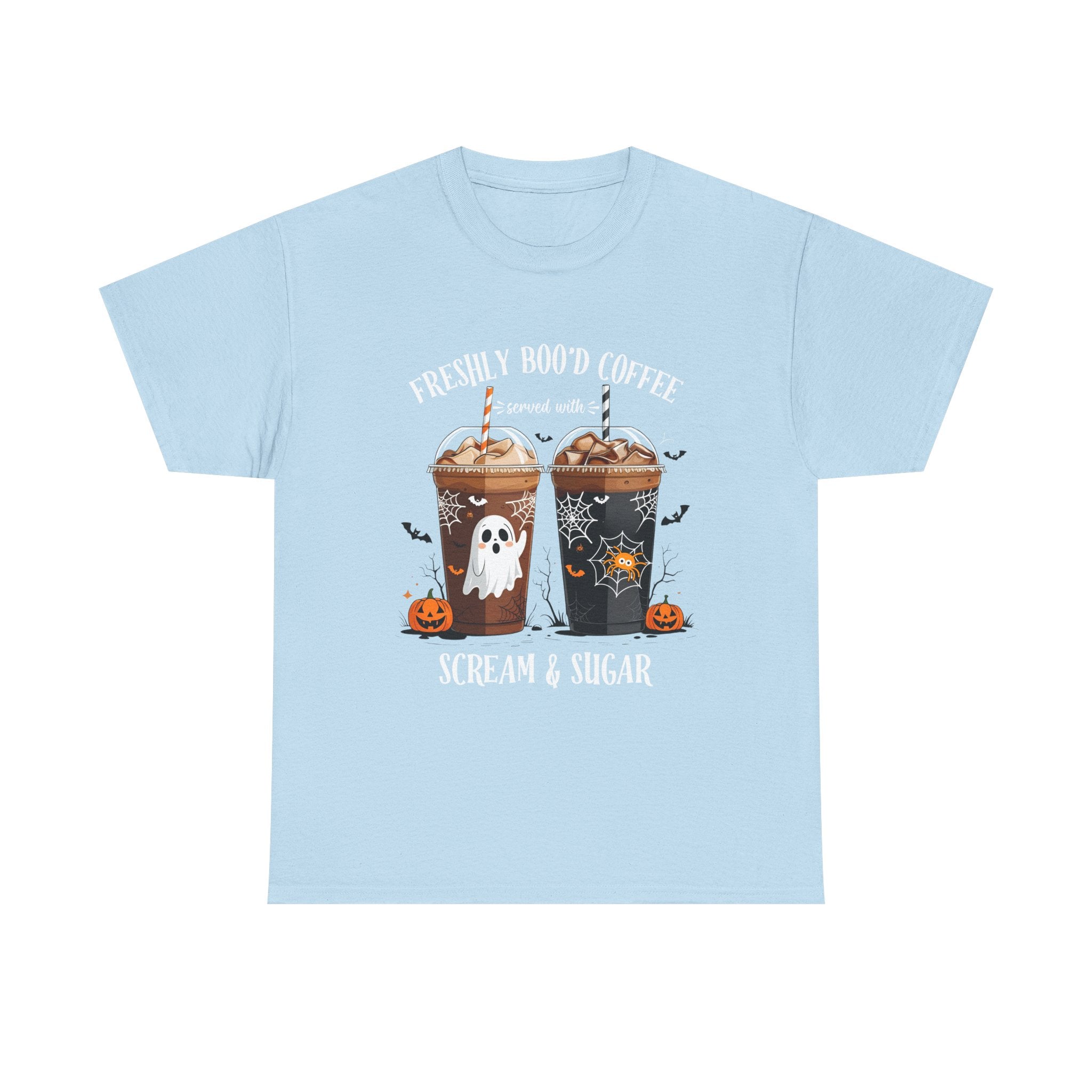 Halloween Coffee T‑Shirt - "Freshly Boo’d Coffee: Scream & Sugar" Funny Spooky Pumpkin Ghost Tee