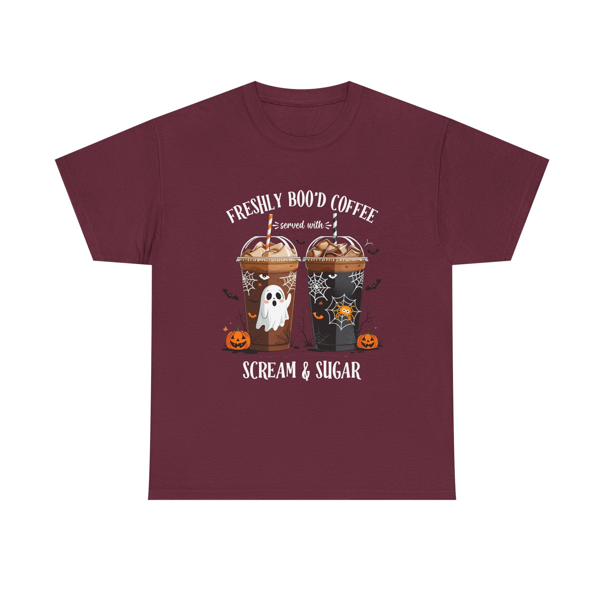 Halloween Coffee T‑Shirt - "Freshly Boo’d Coffee: Scream & Sugar" Funny Spooky Pumpkin Ghost Tee