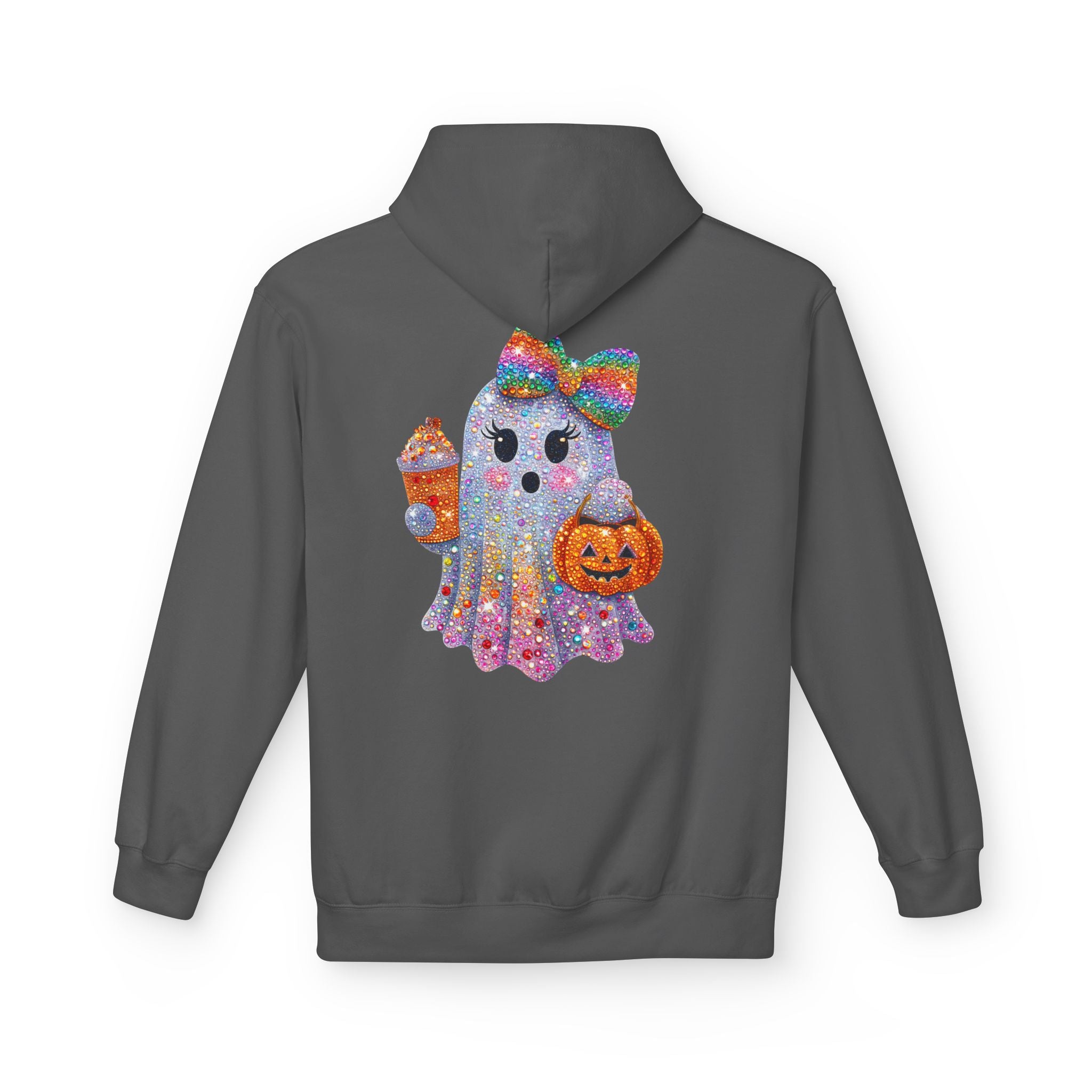Cute Halloween Ghost Hoodie — Glitter Ghost Holding Pumpkin & Coffee Graphic