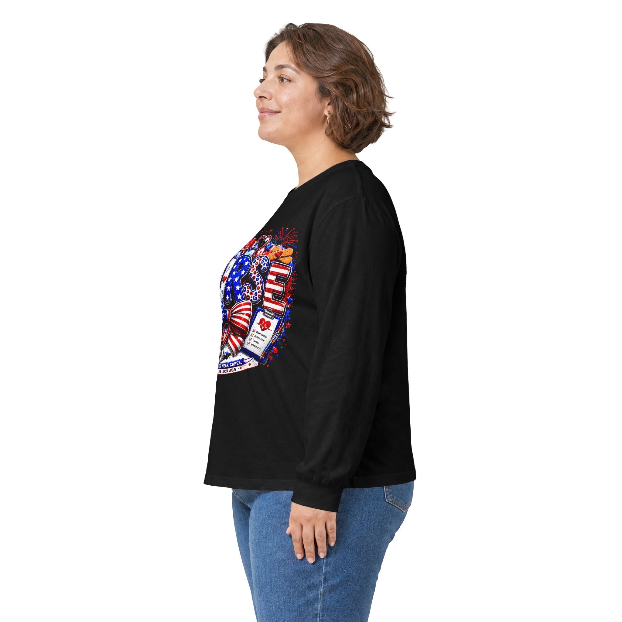 Nurse Heart Patriotic Long Sleeve Tee — USA Flag & Medical Design