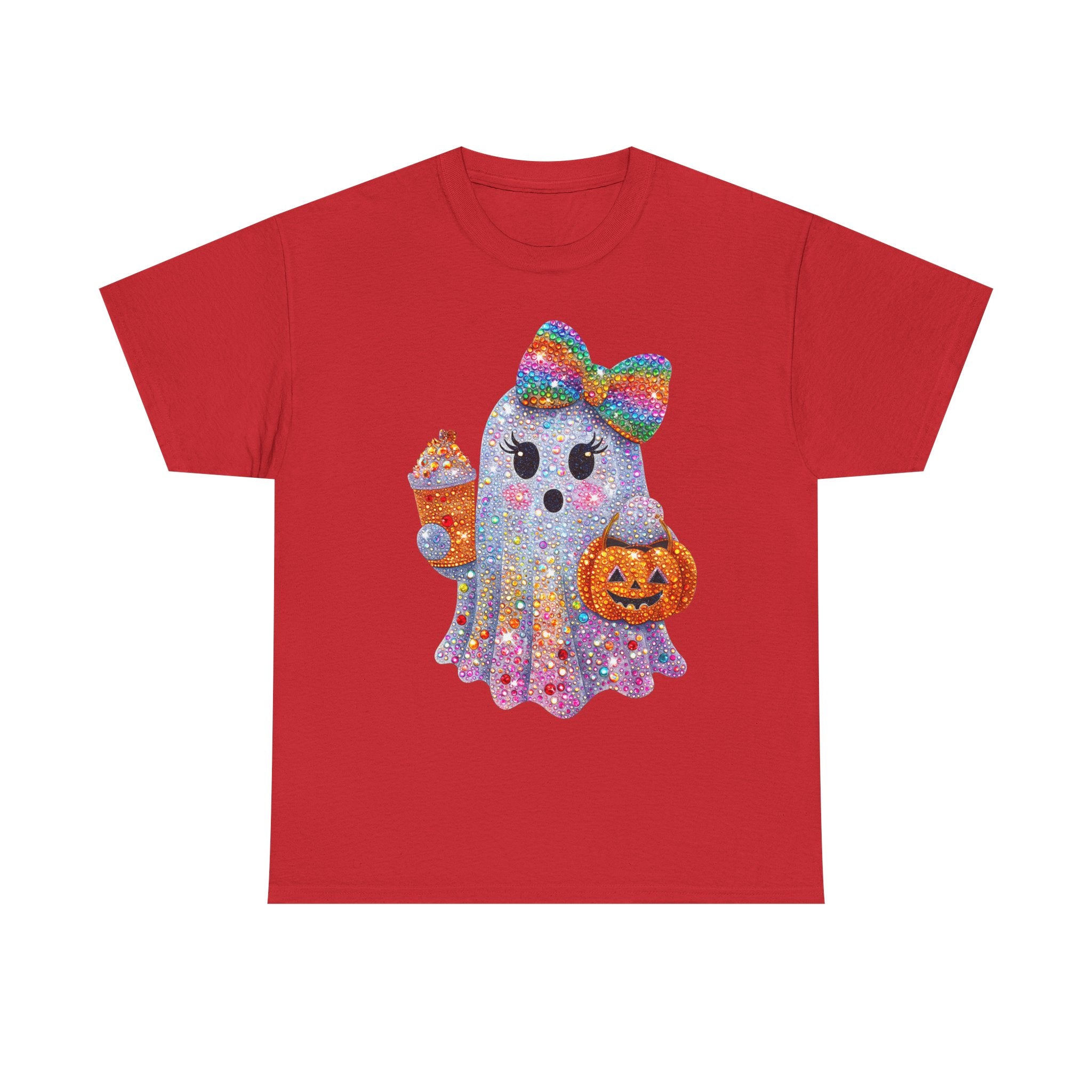 Cute Glitter Ghost T‑Shirt — Rainbow Bow Halloween Tee with Pumpkin & Candy
