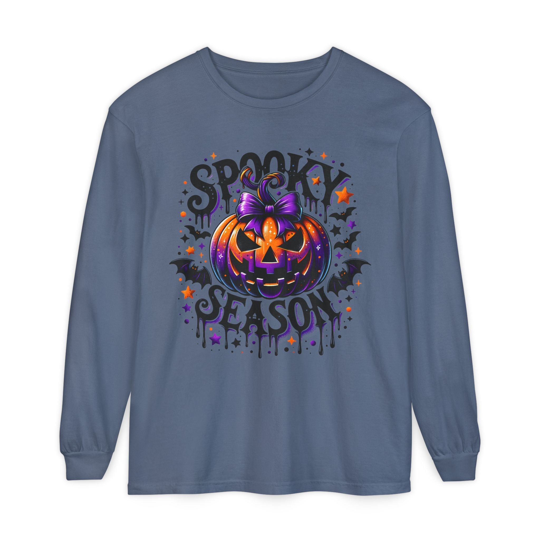 Spooky Season Long Sleeve Tee — Purple Pumpkin Halloween Design