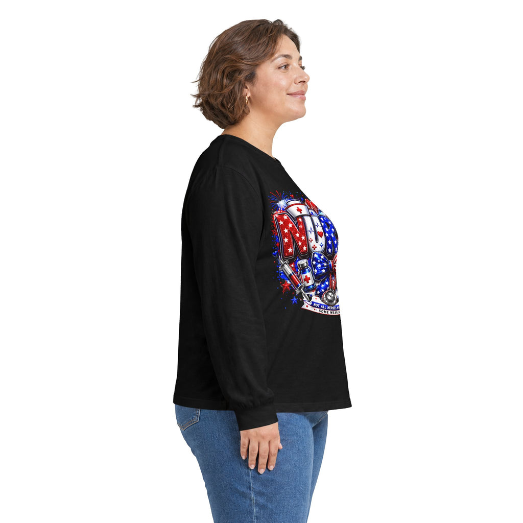 Nurse Heart Patriotic Long Sleeve Tee — USA Flag & Medical Design